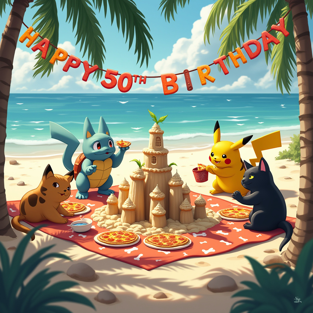 On a sun-drenched beach, where golden sands meet the azure waves, an enchanting scene unfolds that combines whimsy and warmth, all under the vibrant arch of a "Happy 50th Birthday" banner fluttering between two palm trees. To the left, a group of playful cats has gathered, lounging on a picnic blanket patterned with fishbones. Their eyes gleam with curiosity and contentment as they feast on an assortment of pizzas—margherita, pepperoni, and even a tuna-topped slice, naturally. Each cat, with coats of calico, tabby, and sleek black, delicately holds a slice between their paws, occasionally pausing to gaze at the antics nearby. Center stage, Pikachu and Squirtle are busily constructing an elaborate sandcastle, their dedication reflected in the precise, turreted towers they sculpt with seashells and seaweed adornments. Pikachu, with a small red bucket in one paw, uses his lightning tail as a makeshift shovel, while Squirtle, perched on his shell, employs a tiny blue spade, each deeply engrossed in their architectural masterpiece. The gentle sea breeze rustles the palm fronds overhead, and the laughter of the Pokémon mingles with the gentle purrs and playful swats of the cats. Above it all, the colorful banner flutters, a joyful herald celebrating a milestone birthday amidst this fantastical, harmonious gathering on the sandy shore.
Generated with these themes: Cats , Beach, Pizza, Pikachu, Squirtle, and Pikachu and Squirtle building sandcastle while cats watch and eat Pizza with Happy 50th Birthday banner.
Made with ❤️ by AI.