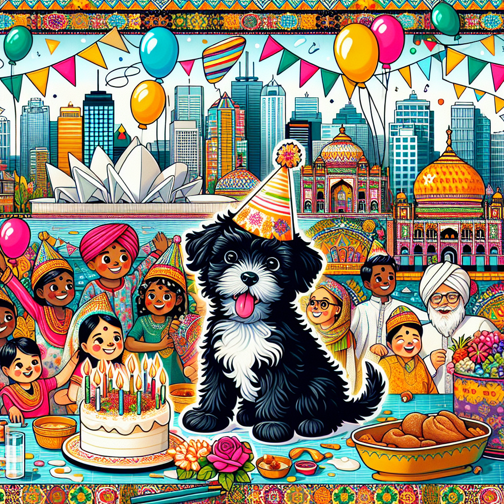 Create a vibrant vector image celebrating a birthday theme. At the center, design a charming little black dog wearing a party hat, against a whimsical backdrop that artistically blends elements of Vancouver's iconic cityscapes with traditional Indian motifs. Be sure to sprinkle a touch of both Canada's modern architecture and India's rich cultural heritage within the skyline. Highlight a border filled with illustrations of grandkids of various descents and genders, fully immersed in the joy of a festive birthday party, surrounded by balloons and streamers. On one side, feature a vignette showing delicious Indian food, adding a flavorful accent to the scene. The overall image should radiate an aura of cleanliness reflected in the design's fresh, bright color palette.
Generated with these themes: Little black dog , Vancouver, canada, India, Indian food, Grand kids , and Cleanliness.
Made with ❤️ by AI.