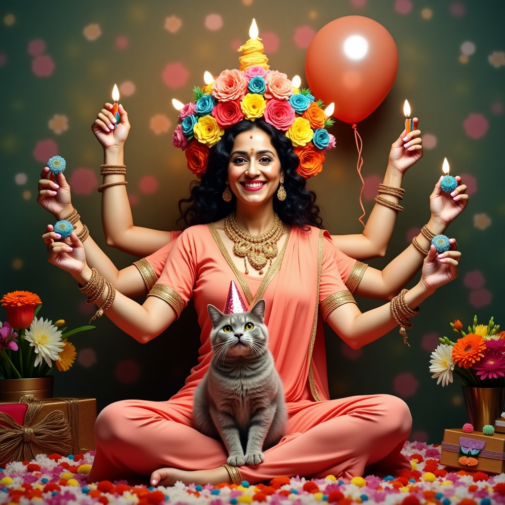 **Image Prompt:**

At the top of the realistic photograph image, *“Manju, unleash your inner goddess... it's your Birth-durga!”*

A vibrant and cheeky realistic photograph of a middle-aged woman channeling Goddess Durga—wearing multiple humorous rubber arms (8 total), each hilariously holding everyday birthday party items like a cake slice, birthday balloon, selfie stick, flower bouquet, cocktail glass, party blower, a tiny wrapped present, and a phone mid-selfie. She's wearing an exaggerated floral crown made entirely from colorful birthday-themed flowers—roses, lilies, marigolds with tiny candles sticking out like a crown halo. The background is a beautifully over-the-top mix of wildflowers in bloom, forming a mock holy aura behind her like a comedic spiritual portrait. One cat wearing a party hat is sitting calmly in a lotus position near her feet for added ridiculousness.
Generated with these themes: Flowers and God durga.
Made with ❤️ by AI.