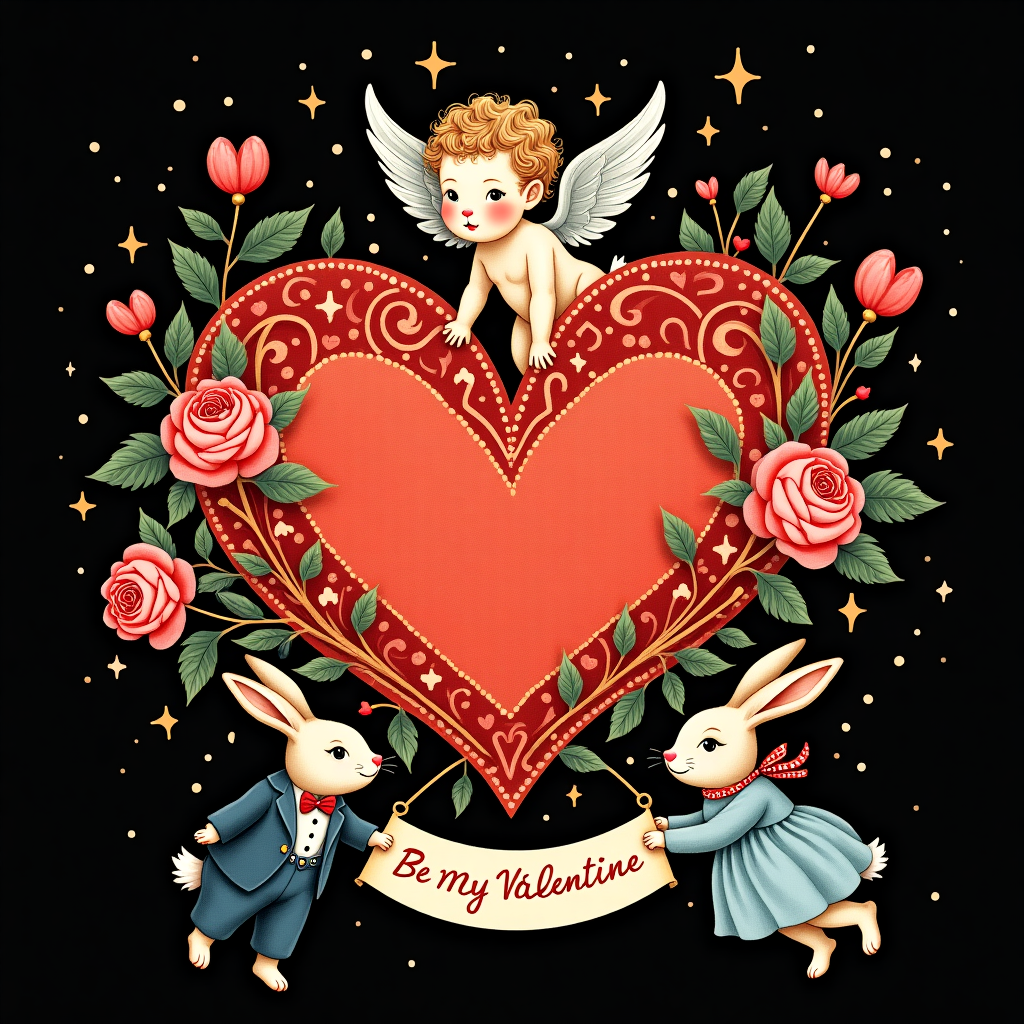**Front Cover Design for Valentine's Day Greeting Card**

**Background:**  
- A deep black background provides a dramatic contrast to the vibrant colors and intricate details in the foreground.

**Foreground Elements:**  

1. **Central Heart:**
   - A large, heart-shaped figure dominates the center of the card.
   - The heart is composed of various intricate patterns reminiscent of Aubrey Beardsley’s detailed line work.
   - Patterns include swirling vines, delicate lace-like structures, and small floral motifs in metallic gold and silver ink, creating a shimmering effect.

2. **Cupid:**
   - A whimsically illustrated Cupid, inspired by Norman Rockwell's expressive style, is hovering above the heart.
   - Cupid has cherubic features, with curly hair and a mischievous smirk.
   - He is adorned with a quiver filled with heart-tipped arrows slung across his back.
   - His wings are detailed with feather textures, colored in soft pastel shades of pink and blue.

3. **Surrounding Characters:**
   - Two anthropomorphic rabbits, inspired by Beatrix Potter, are positioned on either side of the heart.
   - The rabbits are elegantly dressed; one in a small tuxedo and the other in a flowing gown.
   - They hold a banner between them that reads “Be My Valentine” in bold, elegant script.

4. **Floral Elements:**
   - Intertwining around the heart are vibrant red and pink roses, with lush green leaves, creating a wreath effect.
   - The roses are depicted with meticulous attention to petal detail, similar to Arthur Rackham’s illustrative style.

5. **Additional Details:**
   - A scattering of tiny, glowing stars, akin to Maxfield Parrish’s ethereal touches, surrounds the heart and characters.
   - Each star is delicately drawn with a white outline and a hint of yellow, enhancing the magical feel.

**Color Palette:**
- Deep blacks for the background to provide contrast.
- Metallic gold and silver for the heart patterns.
- Pastel pinks and blues for Cupid’s wings.
- Rich reds and greens for the roses and leaves.
- Bright whites and yellows for the stars.

This design merges intricate detail with a touch of whimsy, providing a unique and expressive Valentine’s Day card that draws from a rich artistic heritage.
Generated with these themes: Black background.
Made with ❤️ by AI.