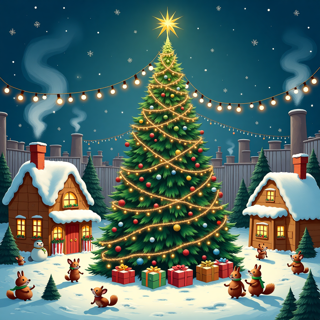 In a whimsical winter wonderland, an enormous Christmas tree stands in the center of a bustling holiday village square, adorned with twinkling lights, vibrant ornaments, and shimmering tinsel. Atop the tree, a golden star glimmers in the frosty air. Around the base, a gaggle of lively forest animals—rabbits in tiny scarves, hedgehogs in mittens, and a particularly dapper fox wearing a monocle—busily wrap gifts and hang more decorations. Nestled among the branches, a troop of mischievous squirrels are seen hanging popcorn garlands while playfully pelting each other with miniature snowballs. 

On the left side of the tree, a gingerbread house with icing-sugar windows and a gumdrop chimney stands, with its candy cane fence partially buried under snow. In front of the house, a group of jolly elves are engaged in a snowball fight, leaving a trail of little footprints in the snow. Behind the tree, the village skyline is dotted with chimneys puffing out swirls of white smoke, beneath a twilight sky where stars twinkle like diamonds.

And there, cleverly woven into the scene, the name "Tiago Cordeiro" is playfully incorporated as a series of icicles hanging from the village’s string lights, casting a glistening glow that dances across the snow-dusted cobblestones. Each letter in "Tiago Cordeiro" is crafted with meticulous detail, reflecting the enchantment and mirth of this Christmas village scene.
Generated with these themes: Christmas tree.
Made with ❤️ by AI.