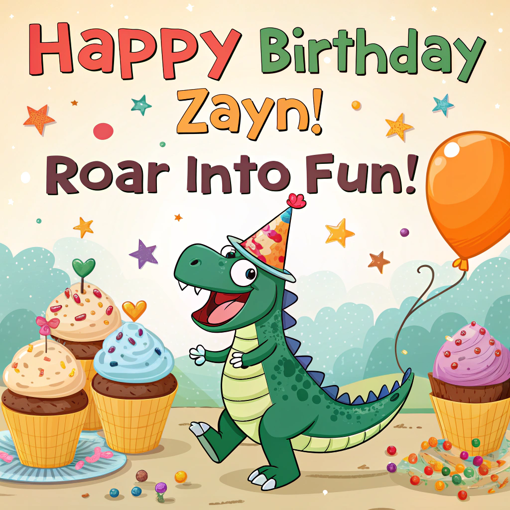 At the top of the image, "Happy Birthday Zayn! Roar into Fun!" 

- In the center of the image, create a whimsical cartoon scene featuring a playful dinosaur wearing a birthday hat. Next to him, a young dino boy is joyfully holding a large birthday balloon, his eyes wide with excitement as he prepares to celebrate in dino-style. 

- Surround the scene with colorful, oversized cupcakes and a shower of confetti, emphasizing the vibrant, festive mood.
Generated with these themes: Dinosaur , dino boy, and .
Made with ❤️ by AI.