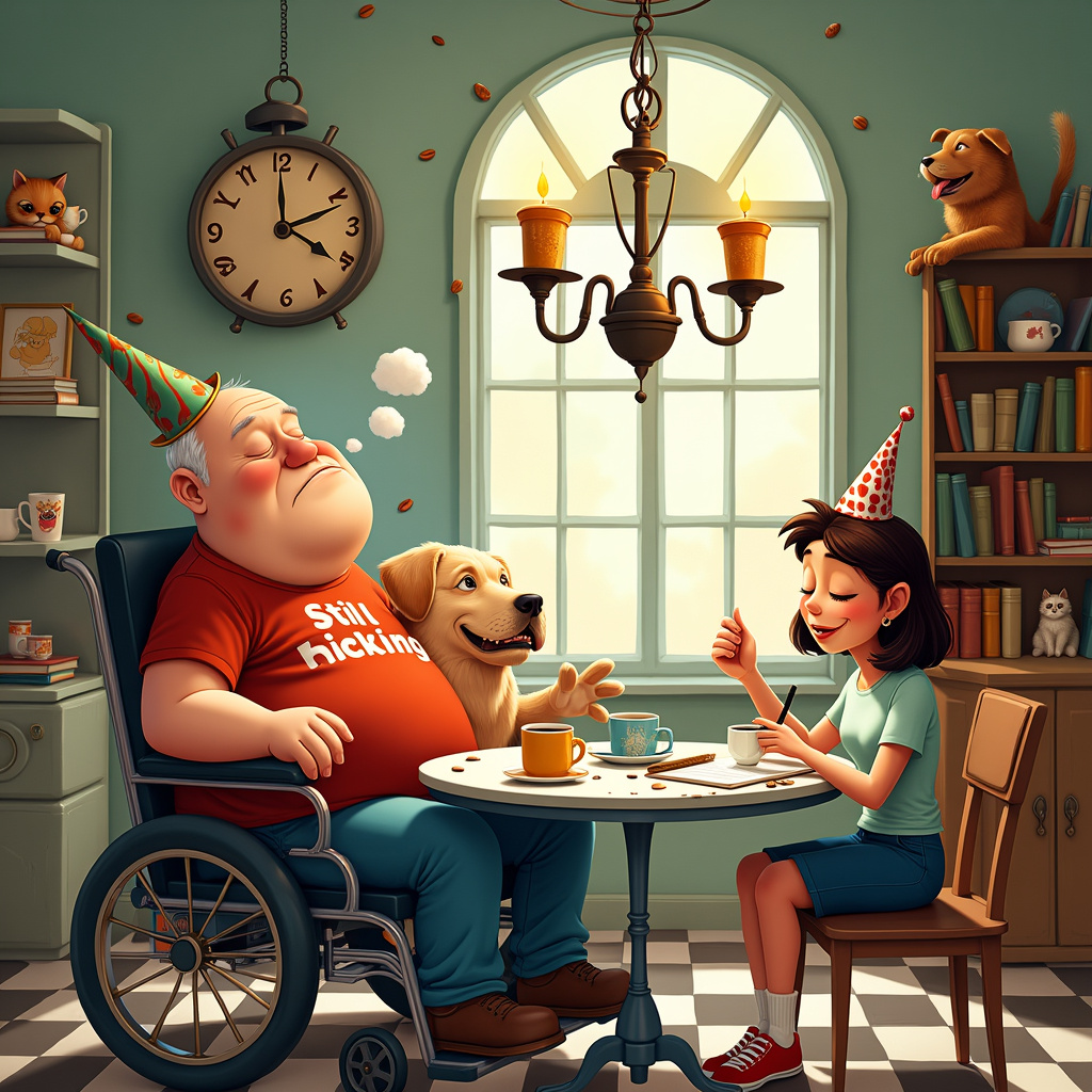 Labrador, Old bald fat disabled man, Young brunette woman, Writing poetry, Coffee, and Sleeping Birthday Card