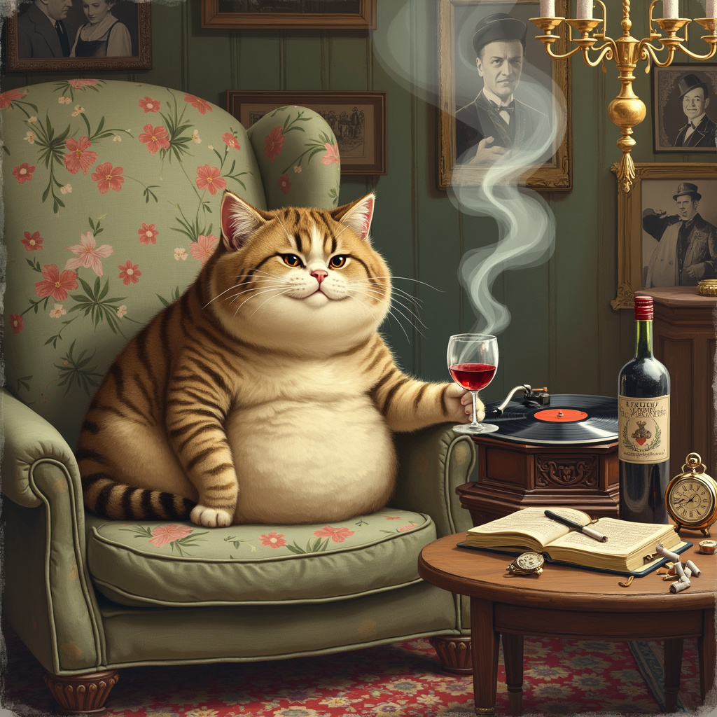In the foreground of the scene, a plump, whimsical tabby cat with a distinct, swirling pattern on its fur is seated comfortably on a plush, vintage armchair, reminiscent of something from a Norman Rockwell painting. The armchair is adorned with floral upholstery in muted pastels, echoing the charming illustrations of Beatrix Potter. The tabby cat has an almost human-like expression, its eyes slightly narrowed and one paw holding a half-empty glass of red wine, precariously balanced.

To the right of the cat, perched on the armrest, is an ashtray overflowing with cigarette butts, wisps of smoke curling upwards in a sinuous dance, evocative of Aubrey Beardsley's intricate line work. The cigarettes are hand-rolled and vary in size, with a few embers still glowing.

Behind the cat, the room is filled with the cozy clutter of a well-lived life. A record player, modeled after an antique gramophone, spins a Frank Sinatra vinyl, the album cover propped up against it. The cover features a classic Sinatra pose, tipping his hat with a charming smile. The background is a collage of faded, gold-framed photographs, capturing black-and-white moments of family and friends, each frame unique and detailed like something out of a Maurice Sendak or Arthur Rackham illustration.

On a nearby wooden side table, there is a bottle of red wine, its label slightly peeling, and a matching wine glass, both styled with the romantic touch of Maxfield Parrish’s dreamlike quality. Scattered around the table are various trinkets: an old pocket watch, an open book with delicate illustrations reminiscent of Edward Gorey’s gothic elegance, and a small vase holding a single, wilting flower.

The scene is illuminated by the soft, golden glow of an ornate chandelier hanging from the ceiling, with each crystal prism catching the light, a nod to Gustave Doré’s dramatic flair. The walls are painted in warm, earthy tones, and a worn Persian rug covers the floor, its intricate patterns fading with time but still beautiful, similar to the works of N.C. Wyeth.

In the background, through an open window, a full moon casts a silvery light into the room, adding a touch of Quentin Blake's whimsical spontaneity to the overall setting. The moonlight reflects off the wine glass and the record player, creating a serene yet slightly surreal atmosphere that ties all elements together into a cohesive, detailed scene.
Generated with these themes: Tabby cat, Red wine, Cigarettes, and Frank Sinatra .
Made with ❤️ by AI.