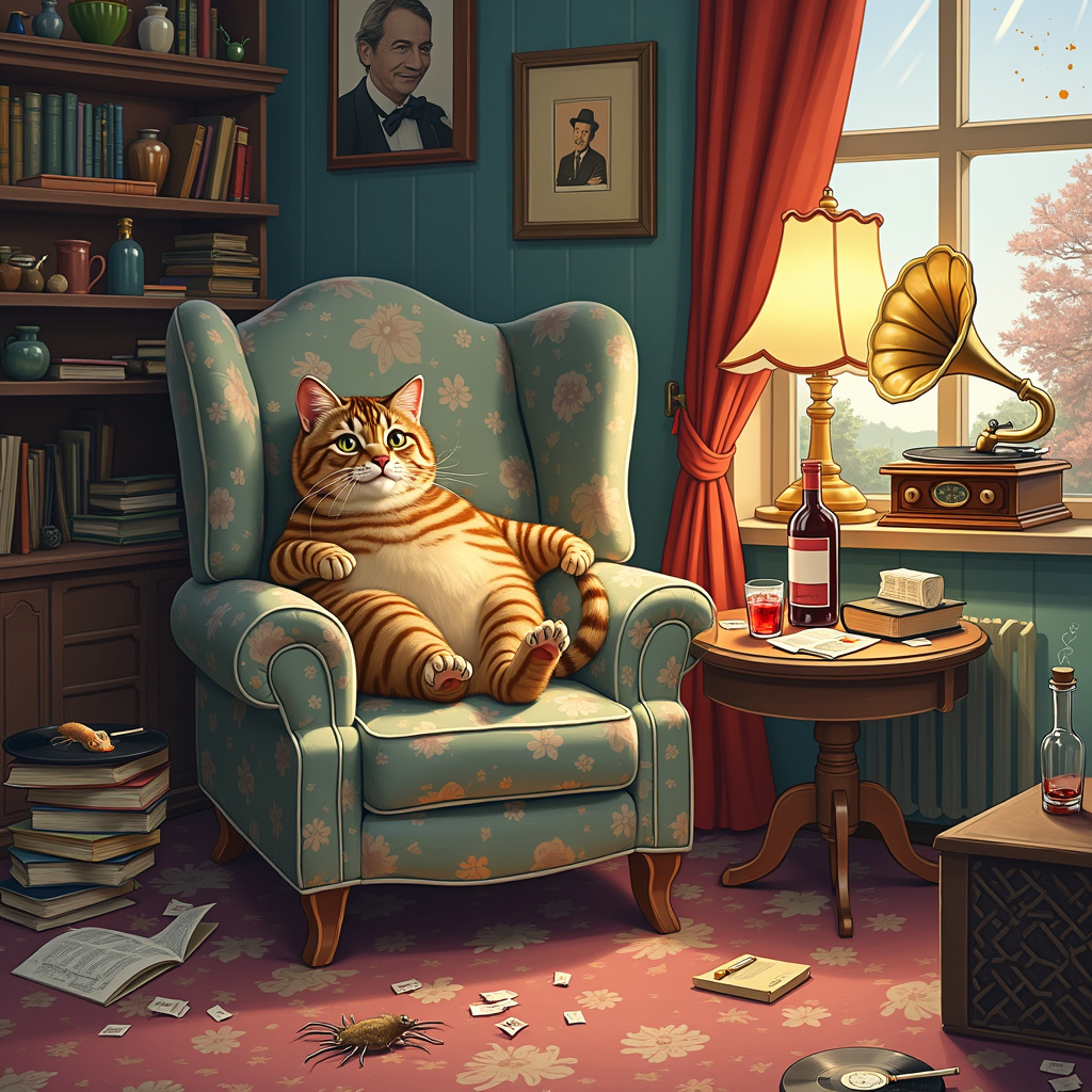 In this quirky and intricate illustration, imagine a cozy yet slightly chaotic living room, full of rich detail and a humorous twist on a classic sympathy scene. 

At the center, a plush, vintage armchair upholstered in faded floral fabric sits askew. A rotund tabby cat with whimsical, exaggerated whiskers lounges lazily on the armrest, one paw dangling down. The tabby is slightly cross-eyed, adding to the comedic effect. Beside the chair, a small round side table is cluttered with items: an almost-empty bottle of red wine, a half-filled glass precariously perched on the edge, and a crumpled pack of cigarettes with a single cigarette resting haphazardly on top.

In the background, a worn-out gramophone sits atop a cluttered shelf, its golden horn pointed towards the ceiling, filling the room with an imagined silent melody of Frank Sinatra's "My Way." Next to the gramophone, a framed photo of Sinatra himself leans casually, his signature fedora and knowing grin giving a nod to the scene.

The floor is scattered with sheets of music and a few overturned books, their pages splayed open. A slightly tilted lampshade casts a warm, uneven glow over the scene, illuminating the small details—a half-eaten fish on a plate, the cat's toy mouse peeking out from under the chair, and a wine stain on the carpet.

In the foreground, a small coffee table holds a vintage radio, a stack of vinyl records, and an ashtray filled with half-smoked cigarettes. A tiny spider, reminiscent of Beatrix Potter's delicate creatures, spins a web in the corner of the room, adding a touch of whimsy to the otherwise somber elements.

This intricate, almost chaotic scene balances the solemnity of sympathy with quirky, humorous details, creating a unique and memorable illustration.
Generated with these themes: Tabby cat, Red wine, Cigarettes, and Frank Sinatra .
Made with ❤️ by AI.