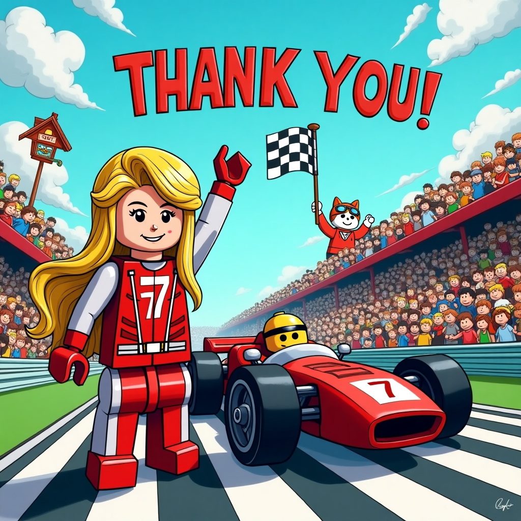 The scene unfolds on a whimsical racetrack set in a world made entirely of colorful Lego bricks. At the center of this vibrant setting, we see a Lego girl, donned in a striking, aerodynamic racing suit composed of red and white interlocking blocks, with the number 7 emblazoned on her chest in shiny silver. Her helmet, tucked under her arm, reveals a cascade of long, flowing blond hair, each strand a brilliant golden Lego piece, catching the sun's rays as she stands in triumphant pose beside her racecar. The car itself is a marvel of blocky engineering, an eye-catching vehicle built from a kaleidoscope of bricks, boasting exaggerated features like oversized wheels and a flashy spoiler.

In the background, a crowd of enthusiastic Lego minifigures fills the grandstands, their tiny faces painted with joyous expressions, waving colorful flags in the air. Among the crowd, a mischievous Lego cat with an oversized head, reminiscent of a certain Far Side absurdity, is perched atop a spectator's shoulder, pawing playfully at a miniature checkered flag.

Above the racetrack, a brilliant blue sky stretches across the card, dotted with fluffy Lego cloud pieces. A quirky, hand-drawn "THANK YOU!" arcs overhead in bold, dynamic lettering, echoing the style of classic comic strips. In the corner, a sly homage to Peanuts features a Lego doghouse with a tiny pilot dog sporting vintage aviator goggles.

The scene is bursting with life, each element carefully crafted to echo the vibrant creativity and joy of beloved comics, offering a heartfelt and humorous expression of gratitude.
Generated with these themes: Lego girl who is a racing driver , She has got long blond hair , She is happy , and She is confident .
Made with ❤️ by AI.