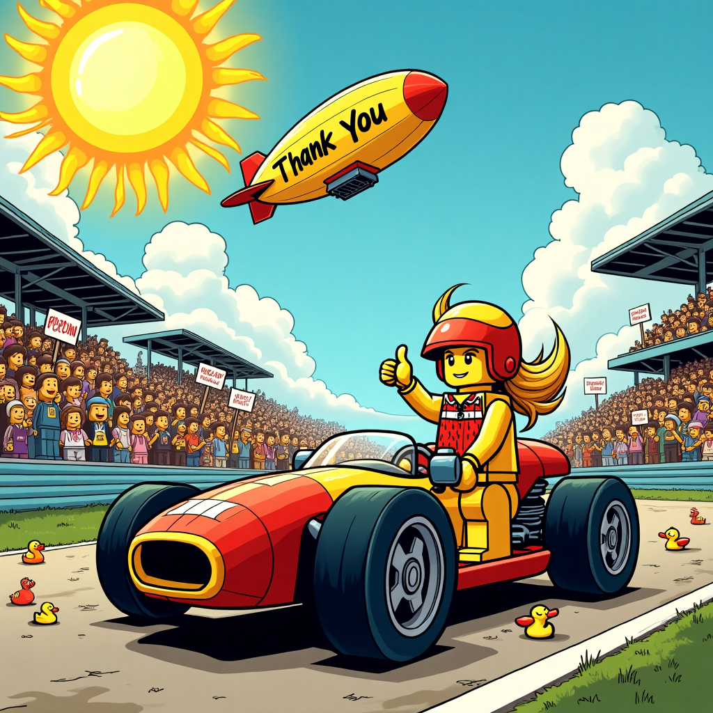 The scene unfolds on a vibrant racetrack bustling with excitement, a vivid nod to the whimsical world of a comic strip. In the foreground, a Lego girl who exudes a blend of Charles Schulz’s charm and Walt Disney’s optimism stands proudly beside a gleaming race car made entirely of Lego bricks. Her long, flowing blond hair is humorously exaggerated, sticking out from her Lego helmet like wild sunshine rays, an ode to Bill Watterson’s playful exaggerations in Calvin and Hobbes. She's striking a confident pose, reminiscent of Tintin's bold demeanor, one foot atop the Lego wheel, her hand giving a thumbs up, a gesture borrowed from the dynamic styles of Osamu Tezuka.

Her Lego race car is a kaleidoscope of colors, built with pieces of red, blue, and yellow bricks, channeling the vibrant palettes often used by Winsor McCay. Each brick is meticulously detailed with mini decals showcasing mini comic scenes, paying homage to Gary Larson's The Far Side humor. The car is positioned at the starting line, which is humorously littered with tiny Lego rubber ducks and flowers, a quirk taken from Art Spiegelman’s juxtaposition of whimsical and serious elements.

Behind her, the grandstand is alive with an audience of Lego people, each with unique hairpieces and quirky accessories, echoing R. Crumb's diverse character line-ups. The crowd holds up exaggerated banners made of paper, scribbled with hand-drawn messages of thanks, akin to the lettering style of Will Eisner. In the sky above, a blimp made of Lego pieces soars by, with a giant banner trailing behind it that reads "Thank You" in bold letters, reminiscent of a Peanuts comic strip where the sky often plays an integral role. This scene is set under a cartoonishly bright sun, whose rays form exaggerated spirals, a nod to the intricate artistry of Hergé, completing the humorous and dynamic thank-you card front cover.
Generated with these themes: Lego girl who is a racing driver , She has got long blond hair , She is happy , and She is confident .
Made with ❤️ by AI.