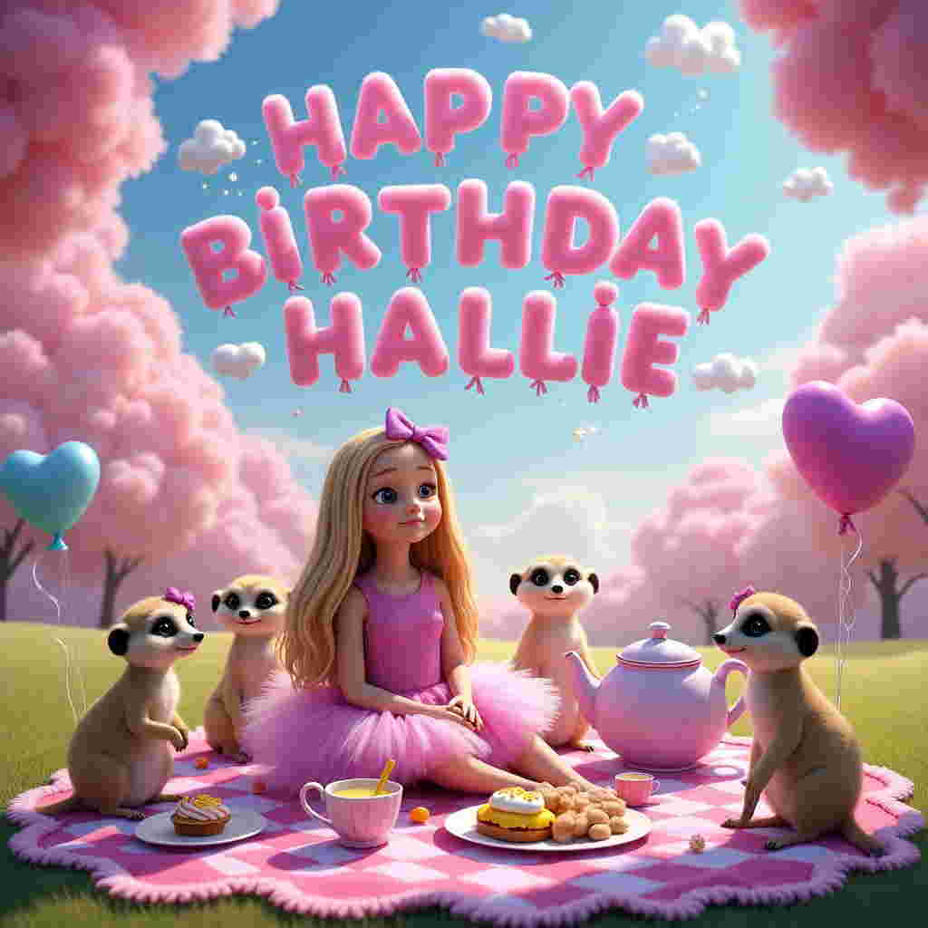 In a vibrant and whimsical landscape reminiscent of a fairy tale, a joyful scene unfolds under a sky painted with swirling pink and purple clouds. In the center of this scene, a lively picnic takes place on a grassy knoll. A little 5-year-old girl with cascading long blond hair, dressed in a sparkly, pink tutu-style dress adorned with twinkling stars, is surrounded by an enchanting array of curious meerkats. These adorable creatures are perched upright, wearing miniature bowties in varying shades of purple, their eyes gleaming with childlike curiosity.

The picnic blanket is a cheerful patchwork of pink and purple squares, strewn with delightful treats like heart-shaped sandwiches, cupcakes with swirly pastel frosting, and a large, ornate teapot pouring an endless stream of lemonade into delicate, flower-shaped teacups. Balloons in the shape of cartoonish clouds bob gently around, each tethered with curly pink ribbons.

Above this enchanting scene, suspended in the sky, is a series of fluffy clouds artfully shaped to spell out "Happy Birthday Hallie" in playful, oversized bubble letters. Each letter is outlined in a shimmering silver, as if dusted with stardust, making them stand out against the dreamy sky.

In the background, a line of pastel-colored, Disney-inspired trees sway gently, their leaves rustling in the imaginary breeze, creating an ethereal backdrop that frames this magical birthday celebration. At the far edge of the blanket, a little stuffed toy, resembling a cartoon character from a far-off adventure, keeps watch over the festivities, completing this charming, fantastical birthday scene.
Generated with these themes: 5 year old girl, Long blond hair, Meerkats, Picnic, Very Girly, Pink and purple, and .
Made with ❤️ by AI.