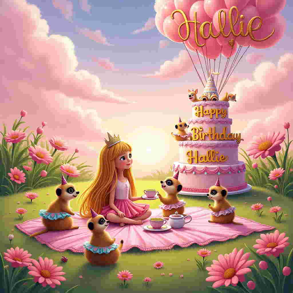 In a vibrant, whimsical meadow under a candy-floss sky of pink and purple hues, a surreal picnic scene unfolds, drawing inspiration from the likes of Schulz and Disney. The centerpiece of the illustration is a giant, pastel-pink picnic blanket spread across the lush, grassy field. A five-year-old girl named Hallie, with enchanting long blond hair cascading like a golden waterfall, sits cross-legged, her sparkly tiara gleaming in the sunlight. Surrounding her are a group of cheeky meerkats, each dressed in tiny, brightly colored tutus and adorned with miniature birthday hats, as if they've stumbled out of a Tezuka manga. These adorable creatures are playfully passing around oversized, rainbow cupcakes and a teapot that seems to defy gravity by pouring a continuous stream of lemonade into a floating teacup.

To the right, a massive, intricately designed birthday cake, topped with a carousel of animated sugar meerkats, stands tall. Its icing spells out "Happy Birthday Hallie" in swirling, ornate letters that appear to dance in the soft breeze, akin to the lettering style of a Watterson strip. Above the scene, nestled amongst fluffy, dreamlike clouds, is a parade of pink balloons carrying the name "Hallie" in sparkling, golden letters, reminiscent of a celebratory Disney skywriting. Around the picnic, an eclectic assortment of oversized pastel flowers nods gently, with ladybugs sporting tiny tiaras crawling merrily across the petals, adding a Larson-esque touch of humor to the vibrant tableau. This enchanting birthday celebration captures the essence of a playful, fantastical world, inviting the viewer to join in the magic of Hallie's special day.
Generated with these themes: 5 year old girl, Long blond hair, Meerkats, Picnic, Very Girly, Pink and purple, and .
Made with ❤️ by AI.