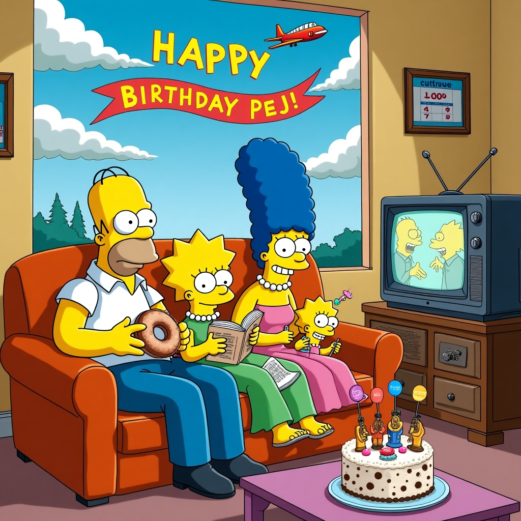 In this whimsically imaginative birthday card scene, we find The Simpsons' family cozily settled on their classic, retro-fitted orange sofa. Homer, with a half-eaten donut precariously balanced on his belly, is reclined in his usual laid-back style. Marge, with her towering blue hair slightly tilted, is knitting a scarf with neon yarn, while Bart mischievously uses a straw to shoot spitballs at the ceiling. Lisa, ever the multitasker, is reading a book titled "The Future of Jazz" with a saxophone resting by her side, and Maggie is adorably curled up beside Marge, holding her ever-present pacifier.

The television set, a vintage box with knobs and an antenna, broadcasts a peculiar show titled "Half Acquainted." The screen displays a hilariously exaggerated image of two hands almost shaking but comically missing the mark, like a scene straight out of a Gary Larson cartoon. The room's walls are adorned with quirky memorabilia—an award plaque titled "Best Family Couch Potatoes" and a calendar marked with "D'oh Day."

Above them, in the sky that peeks through the window, fluffy clouds form the name "Peej" in an artful swirl reminiscent of the gentle curves seen in Winsor McCay's Little Nemo. A small airplane trailing a vibrant banner behind it zooms across, wishing "Happy Birthday Peej!" in bold, playful letters, echoing the fun, animated style of Hergé's Tintin adventures.

On the coffee table, a frosted cake sits, whimsically decorated with miniature fondant Simpsons characters, each holding a small flag that spells out "Happy Birthday Peej!" in vivid, cartoonish colors. The scene captures the essence of animated storytelling with nods to the classic styles of beloved comic artists, ensuring Peej receives a birthday card that is both nostalgically delightful and uniquely personalized.
Generated with these themes: The Simpsons on the classic sofa watching television, On the television it says 'Half Acquainted' which is the show they are watching.
Made with ❤️ by AI.