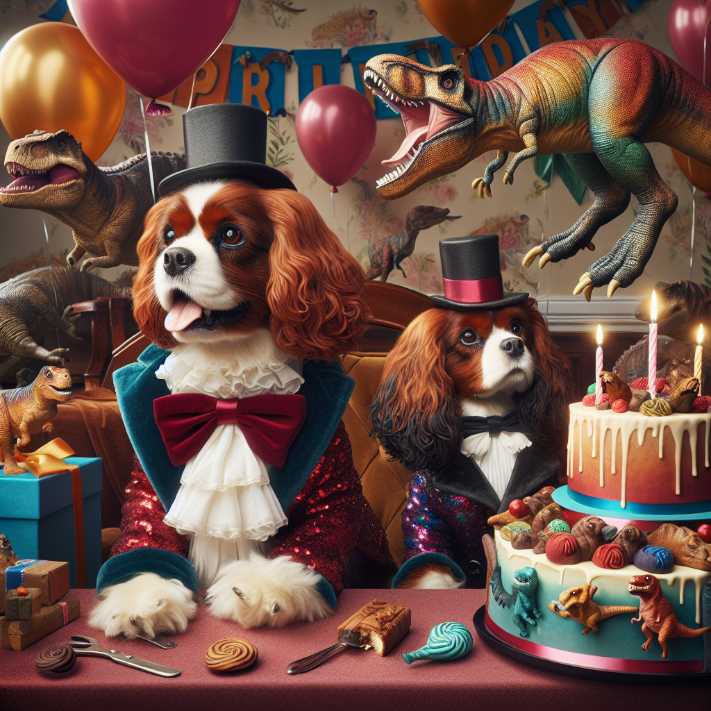A lively birthday tableau unfolds, teeming with lifelike details. Two vivacious Cavalier dogs, one with polished ruby hues and another donning a snazzy two-tone coat, celebrate their birthdays in unrivaled style. The ruby-colored dog prances around merrily, a T-rex helium balloon gently bobbing from its collar. Meanwhile, the two-tone Cavalier sits regally in the midst of a collection of birthday presents. The room is adorned with a prehistoric theme - dino-inspired treats abound, and a cake, standing tall and topped with a lovingly crafted miniature T-rex, takes center stage. This scene is a delightful juxtaposition of canines and prehistoric fanfare.
Generated with these themes: Two tone cavalier , Ruby cavalier , and T-rex.
Made with ❤️ by AI.