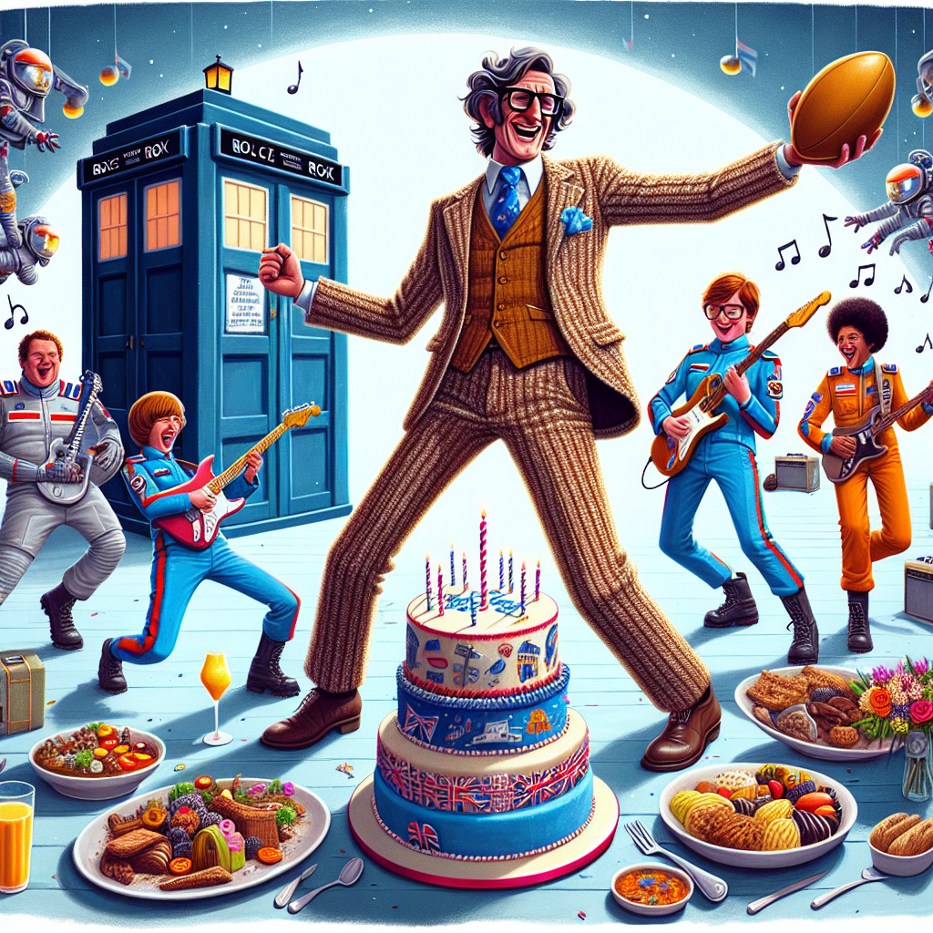 Imagine a humorous birthday illustration where a tall, eccentric man, attired in a stylish tweed suit, dances jubilantly with a rugby ball in hand. Grouped around him, a team of friendly space explorers, dressed in trendy uniforms of primary colors, are enthusiastically playing air guitar to rock music. A feast of delectable dishes and treats are arranged for all, including a prominent three-tier blue cake reminiscent of a vintage British telephone box, set amidst a lively rock-and-roll themed decor, splashed with vibrant musical notes and decorations.
Generated with these themes: Star trek, Doctor who, Rock music, Food, and Rugby.
Made with ❤️ by AI.