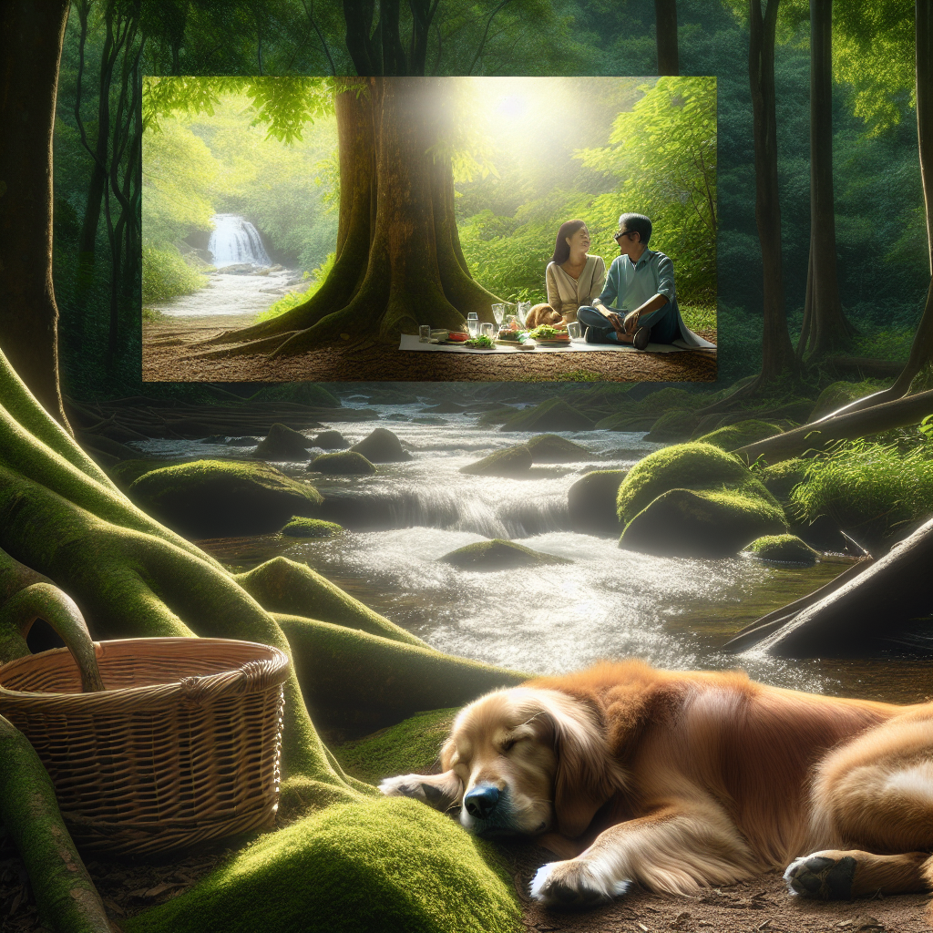 Visualize a peaceful woodland clearing, where a golden retriever dogs rests, sound asleep close to a babbling brook. The sunlight filters through the verdant treetops, casting dappled patterns on the forest floor. Not too far from the sleeping dog, envision a South Asian woman and a Hispanic man, celebrating their anniversary with a picnic. Display the intimate scene of love and nature, coexisting in a harmonious blend, creating a mood of tranquility and warmth.
Generated with these themes: Golden retriever , Forest , and Sleeping .
Made with ❤️ by AI.