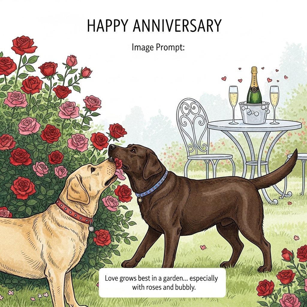 At the top of the Illustration Style image, the text reads: **Happy Anniversary**

**Image Prompt:**

Create a romantic and whimsical scene featuring a pair of playful labradors in a charming garden setting. The labradors, one golden and one chocolate, are joyfully sniffing around a lush rose bush, where vibrant roses bloom in shades of red and pink. In the background, a quaint garden table is set with a chilled bottle of champagne and two elegant flutes, capturing the essence of celebration. The illustration showcases a hand-drawn style with fine linework and textured brush strokes, using a warm and expressive color palette. A small, cheeky line beneath the dogs reads: "Love grows best in a garden... especially with roses and bubbly!"
Generated with these themes: Labradors, Roses, Gardening, Champagne, and .
Made with ❤️ by AI.