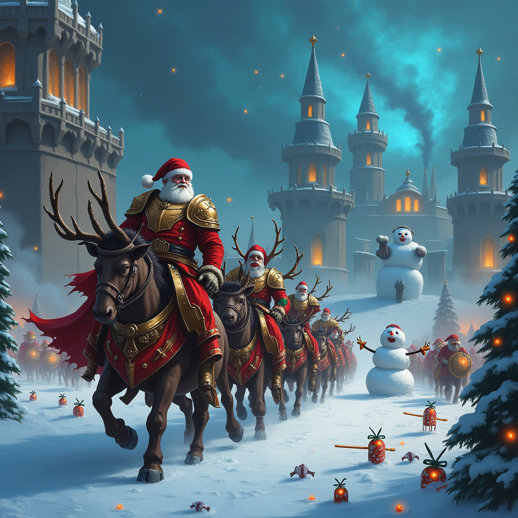 The scene captures a wintry battlefield amidst the cosmic chaos of the Warhammer universe, where a fantastical Warhammer Santa Claus leads the charge. The foreground features Santa Claus clad in an intricately detailed red and gold armor, emblazoned with holly and snowflake motifs. His traditional red hat is reinforced with iron to resemble a warrior's helmet, complete with a plume of white fur at the top. His sleigh is not your ordinary conveyance but a mighty, armored war chariot, pulled by cybernetic reindeer with glowing, laser-lit eyes and titanium antlers.

Behind Santa, towering over the snowy terrain, are massive Gothic-style structures, reminiscent of Warhammer architecture, bristling with gargoyles and fortified battlements. Each structure is lit by flickering, luminescent Christmas lights, casting eerie shadows that dance across the snow. Tiny squads of elves in battle armor, carrying candy cane lances and gingerbread shields, march alongside, their expressions both determined and merry.

Above, the sky swirls with ominous storm clouds, through which peeks a galaxy of twinkling stars, lending an otherworldly glow to the scene. In the distance, a colossal snowman stands as an enemy, constructed from heavy snow boulders, eyes made of glowing coals, and wielding a carrot-nosed cannon.

Sprinkled throughout the battlefield are miniature Christmas trees, each decorated with ornaments that double as grenades and twinkling fairy lights shaped like glowing plasma bolts. This unique fusion of holiday cheer and epic warfare creates a whimsical yet formidable tableau, ready to grace the front of an unforgettable Christmas greeting card.
Generated with these themes: Warhammer scenary with warhammer Santa Claus.
Made with ❤️ by AI.