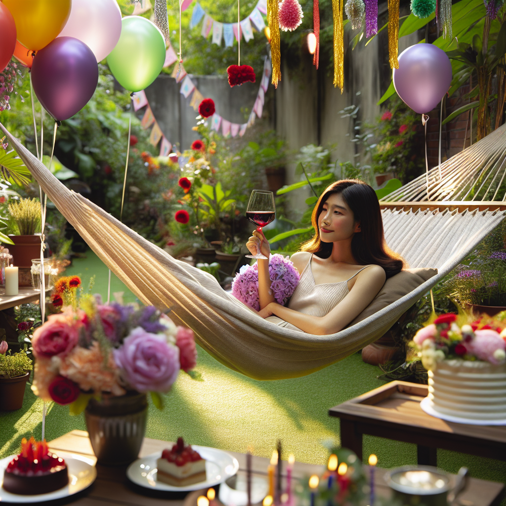 Imagine a tranquil and serene setting in a backyard. An East Asian woman is comfortably resting in a hammock. The garden around her is vibrant and full of life, with lush, green plants and an array of vibrant and colorful blooming flowers. She holds a glass of refined, crimson wine, a portrayal of relaxation and pleasure. It's a celebratory atmosphere. Birthday decorations are scattered about the space, with bright, colorful streamers and helium-filled balloons, creating a warm and inviting ambiance in celebration of a special day.
Generated with these themes: Gardening , Red wine , and Relaxing .
Made with ❤️ by AI.