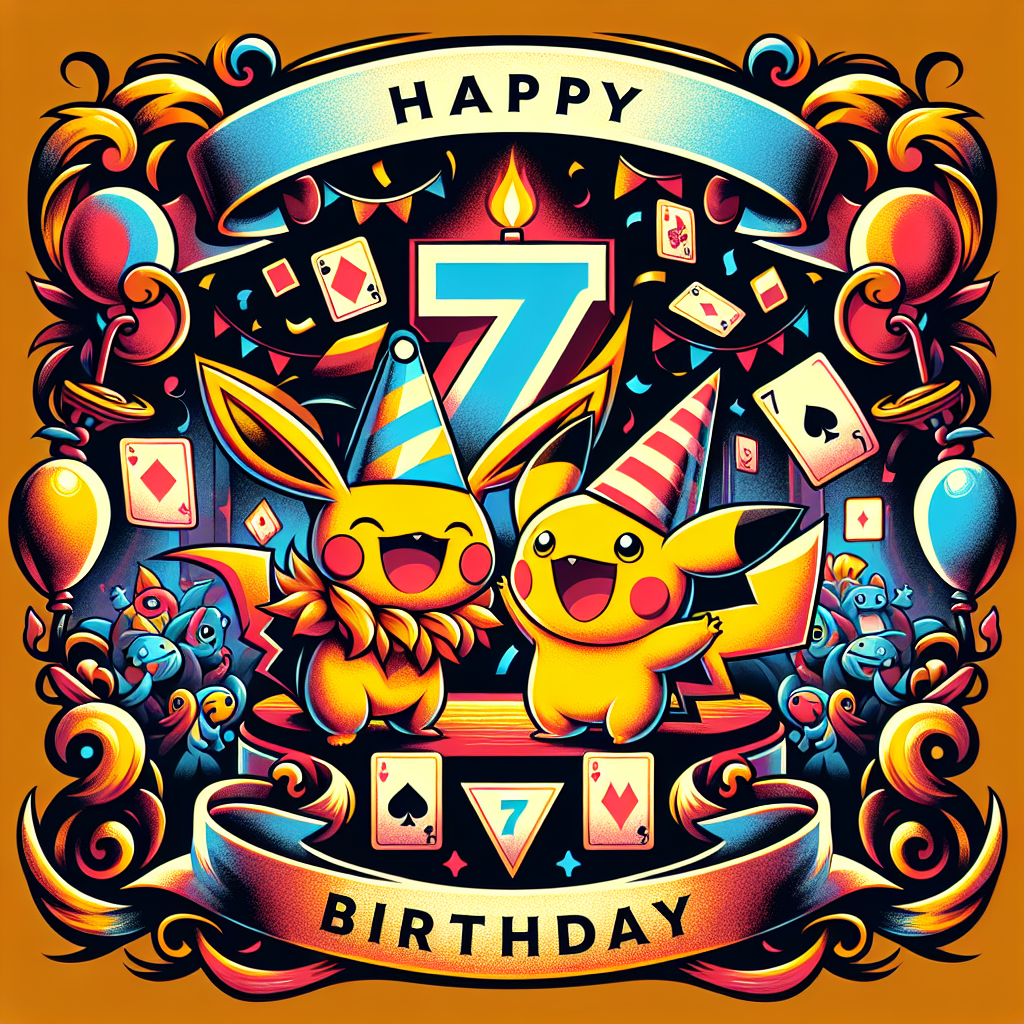 An animated, lively design for a jubilant 7th birthday card. In the core of the illustration, we see two friendly, fictional, yellow and orange creatures, wearing festive party hats, echoing the aesthetics and charm of popular pocket monsters. Their environment radiates the excitement of a bustling party scene, embedded in a setting reminiscent of common card games, ingeniously intertwined within the decorative aspects. The critters hold aloft a banner imprinted with the number '7', ingeniously employing various suit symbols to honor a young boy's adoration for card games.
Generated with these themes: Pokémon characters, Ben, Card games, and 7th birthday.
Made with ❤️ by AI.