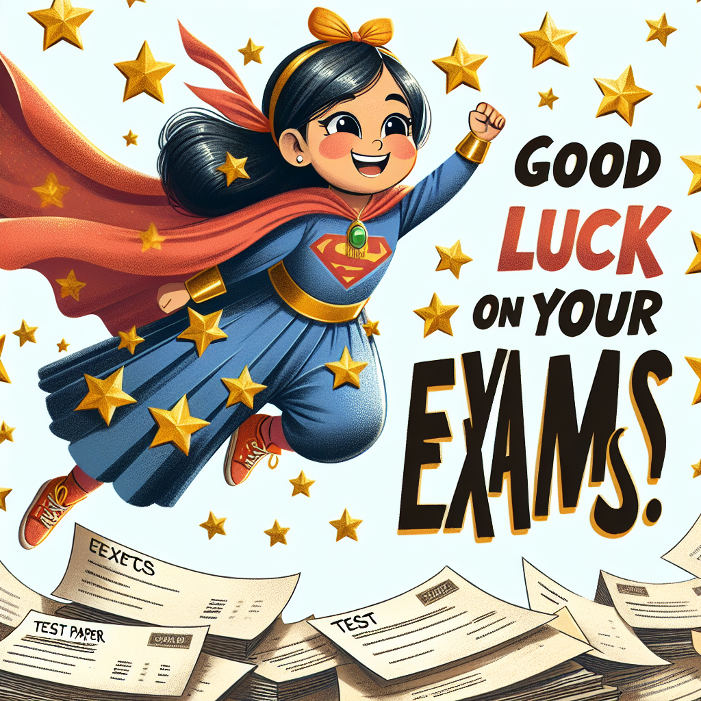 Create an image of a joyful South Asian girl dressed up as a superhero complete with a flowing cape. She is soaring high above a bunch of test papers that are scattered here and there, every one of them marked with a golden star symbolizing success. The words 'Good Luck on Your Exams!' are displayed prominently in the foreground with bold, merry letters, denoting both well-wishes and acknowledgement.
Generated with these themes: Good luck, Exams , Girl, and Superhero.
Made with ❤️ by AI.