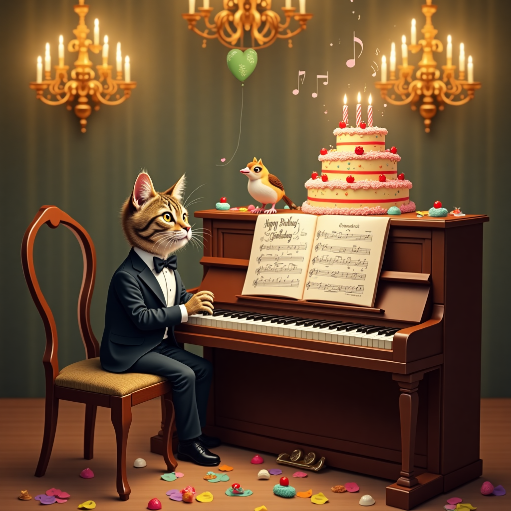 In this whimsical and funny birthday scene, imagine a quirky twist on a classical concert setting. The scene is set in a grand, lavish ballroom with ornate golden chandeliers hanging from the ceiling, casting a warm glow over the room. At the center of this grand setting is an upright piano, but this is no ordinary piano! Instead of traditional keys, each key is a mini slice of cake, complete with colorful frosting and a cherry on top. Behind the piano sits a mischievous-looking tuxedo cat, wearing a tiny conductor's bow tie and looking intently at the sheet music, which is hilariously scribbled with doodles of mice and fish instead of musical notes.

Floating above the piano, as if by magic, are helium balloons in the shape of musical notes and birthday candles, adding a playful air to the scene. In the background, the ballroom's wallpaper features musical staff lines with birds perched on them, chirping along to the feline maestro's whimsical tunes. As a delightful centerpiece, a three-tiered birthday cake sits atop the piano, with sparklers fizzing joyfully, and the icing on the topmost tier spells out "Happy Birthday Caitlin!" in a vibrant, swirly font. In a final quirky touch, the floor is scattered with confetti shaped like piano keys, leading a path towards the piano, inviting Caitlin to join in the fun of this fantastical musical birthday celebration.
Generated with these themes: Playing piano.
Made with ❤️ by AI.