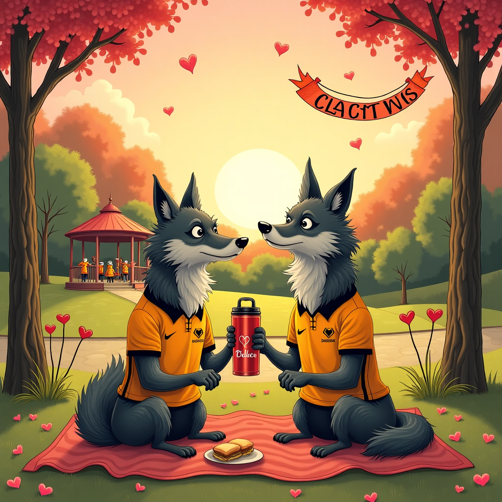 **Front Cover Illustration for Valentine's Day Card**

The scene is set in a vibrant and whimsical park, bustling with romantic energy. The sky is a soft, pastel pink, dotted with fluffy, cotton candy-like clouds, through which the warm, golden rays of the setting sun filter. In the foreground, two anthropomorphic wolves, reminiscent of Edward Gorey's quirky yet detailed style, donning Wolverhampton Wanderers football jerseys, hold paws while seated on a picnic blanket. Their expressions are cartoonishly detailed, with exaggerated eyes and wide smiles, evoking a hint of Quentin Blake's expressive characters.

The wolves are surrounded by a variety of Valentine-themed elements. Scattered around them are heart-shaped sandwiches and a thermos adorned with the Wolverhampton Wanderers logo. The colors are rich and saturated—vivid oranges, blacks, and golds for the team spirit, contrasting against the deep green of the grassy park.

In the background, a small, Beatrix Potter-style woodland scene unfolds. A winding path leads to a charming, vintage bandstand, where other wolves, all dressed in football jerseys, are animatedly waving clackers—long sticks with rotating parts that make a loud clacking noise. The clackers, whimsically oversized, are painted in striking orange and black stripes, echoing the team colors.

Suspended in the sky, a playful banner with the word "Clacker" written in large, curly, handwritten letters reminiscent of Aubrey Beardsley's ornamental style, flutters gently in the breeze. It adds a quirky, eye-catching detail, completing the scene.

Throughout the illustration, detailed textures and line work are prevalent, much like in the works of Arthur Rackham. This includes the bark of the trees, the texture of the wolves' fur, and the intricate patterns on the blanket. The entire scene is encased within a decorative border, incorporating elements of Maxfield Parrish's dreamy, idyllic landscapes, with flourishing vines and soft, glowing highlights framing the scene.

This playful, detailed scene captures the spirit of love, football fandom, and the joyful chaos of Valentine's Day, making it a unique and delightful greeting card cover.
Generated with these themes: Wolverhampton Wanderers .
Made with ❤️ by AI.