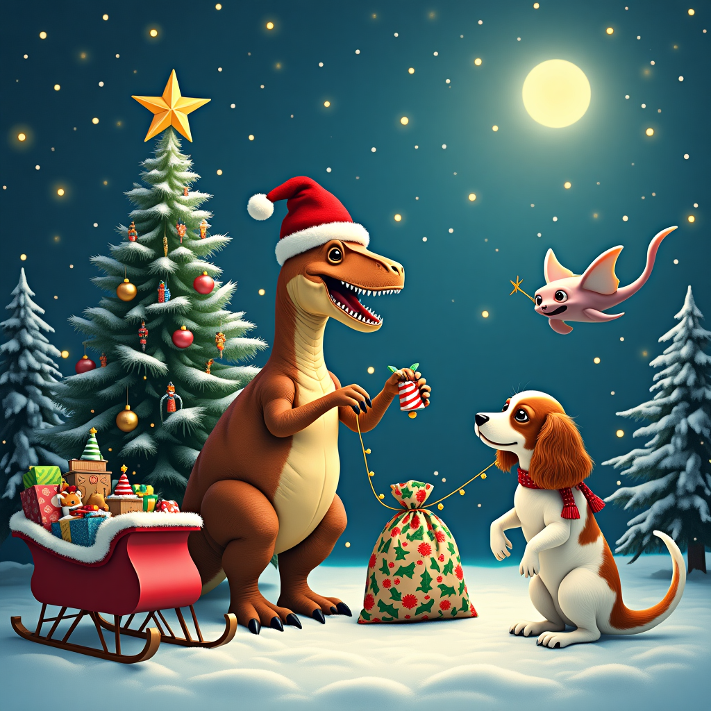 In a whimsical winter wonderland, a delightful Christmas scene unfolds with a snowy backdrop dotted with softly glowing fairy lights. A majestic T-rex, wearing a festive Santa hat, stands at the center, its tiny arms comically attempting to hold a large, candy-cane-striped bag brimming with colorful, wrapped gifts. To its right, a charming Cavalier King Charles Spaniel, sporting a tiny red and green scarf, sits on its hind legs, its big, expressive eyes fixed on a star-topped Christmas tree. The tree is laden with ornaments that glisten like icicles and popcorn garlands hanging like delicate snowflakes.

On the left, a friendly stingray glides gracefully through the air as if swimming in an ocean of clouds. Its wings, adorned with holly leaves and bright red berries, appear almost translucent against the snowy backdrop. The stingray is carrying a small, golden bell in its tail, adding a magical jingle to the serene scene.

In the foreground, a snow-covered sleigh awaits, filled with assorted toys and treats. Each toy is intricately designed, from wooden soldiers to teddy bears, reminiscent of a vintage toy shop's display. The scene is encircled by snow-laden fir trees that frame the tableau, their branches heavy with the weight of freshly fallen snow.

Above, the night sky is sprinkled with twinkling stars, one particularly large and radiant star casting a gentle light over the entire scene, creating an ethereal glow. It's a playful and heartwarming depiction of a unique Christmas gathering, where prehistoric, marine, and canine worlds meet in a joyful celebration.
Generated with these themes: Sting ray, Cavalier king Charles spaniel , and T-rex.
Made with ❤️ by AI.
