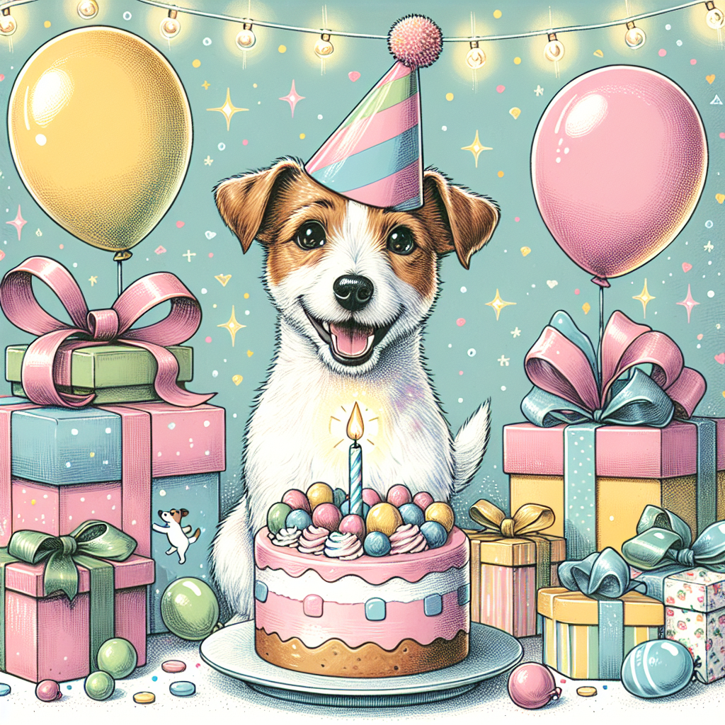 Create an image of a joyful Jack Russell terrier wearing a vibrant party hat. The dog is sitting in front of a scrumptious-looking birthday cake, with a solitary candle flickering atop it, amidst an array of tastefully wrapped gifts and balloons. The color scheme throughout the illustration is composed of gentle pastel hues, with the twinkling lights of the celebration casting a cheerful and festive glow over everything.
Generated with these themes: Jack russell.
Made with ❤️ by AI.