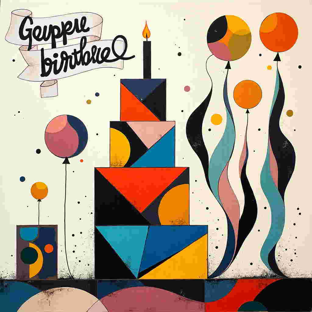 Front and center, a large, surreal birthday cake floats, composed of geometric shapes and abstract forms, inspired by Kandinsky's dynamic compositions. The cake's layers are built from overlapping triangles, circles, and rectangles in vivid colors—electric blues, fiery reds, and zesty yellows—evoking a sense of Mondrian’s palette yet without a structured grid.

Splattered across the card, in a nod to Pollock, are erratic strokes and dots of black and white, creating an energetic background. These chaotic patterns make way for vibrant, Rothko-esque blocks of color to peek through: deep azure and a rich scarlet.

To the right, a series of De Kooning-inspired, swirling forms twist and curl in pastel pinks, oranges, and lime greens, resembling a whimsical abstract candle, its flame flickering with strokes of golden yellows and tangerine.

In the sky above, floating like a Miró constellation, are minimalist, abstract balloons. These are outlined with bold, curving lines, their interiors filled with patchy, textured areas of pastel blues, purples, and mint greens, echoing Martin’s gentle touch.

To the left, in the style of Malevich, sits a lone square gift box. Its surfaces are adorned with solid, rich blocks of color, primarily a vivid turquoise with contrasting patches of burnt sienna and ivory.

Above it all, a ribbon-like banner arcs across the scene, inspired by Twombly's looping, cursive style. Written in dynamic, free-form lettering is "Gabriel," painted in a contrasting, bold cerulean, ensuring it stands out against the abstract symphony of colors and forms behind it.
Generated with these themes: Eclectic art.
Made with ❤️ by AI.
