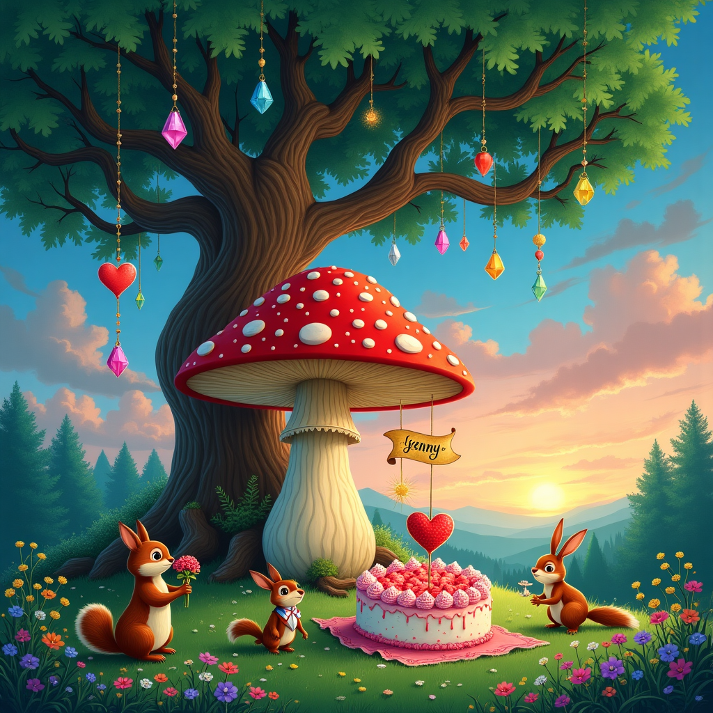 In this fantastical Valentine's Day scene, picture a lush, enchanted forest clearing, reminiscent of a high fantasy book cover. At the center of the composition, a towering, ancient tree with twisting branches and glimmering emerald leaves serves as a natural backdrop. Among its branches, strings of sparkling gems dangle like celestial ornaments, catching light and casting prismatic rainbows across the scene. Each gem is a vibrant color—ruby reds, sapphire blues, amethyst purples, and diamond whites—shimmering against the deep green foliage.

Below the tree, a whimsical gathering unfolds. Imagine a charming, oversized mushroom table set for a romantic picnic. Its cap is a rich crimson red with bright white spots, and atop it lies an ornate, heart-shaped cake, the frosting a swirl of pinks and whites, adorned with tiny edible pearls and sugared violets. A tiny golden banner arches above the cake, inscribed with the name "Jenny" in elegant, flowing script.

Surrounding the table are various woodland creatures: a debonair squirrel in a tiny waistcoat offers a bouquet of daisies, a pair of mischievous rabbits with floppy ears chase each other around, and a wise old owl perches on a low-hanging branch, overseeing the festivities with a watchful eye. The animals are detailed with precise strokes, reminiscent of Quentin Blake's energetic style.

The ground is a carpet of lush grass interspersed with delicate wildflowers in every hue—lavender, daffodil yellow, and sky blue—creating a vibrant tapestry. Twinkling stars, silver and gold, are sprinkled across the sky, which transitions from a rich twilight blue at the top to a rosy sunset pink on the horizon, bathing the scene in a magical glow. Wispy, Beardsley-like clouds drift lazily, adding depth to the sky.

This fantastical Valentine’s scene melds the intricate detailing of Arthur Rackham with the whimsical charm of Maurice Sendak, inviting the viewer into a storybook world filled with wonder and romantic whimsy.
Generated with these themes: High fantasy book cover style with gems and stars.
Made with ❤️ by AI.