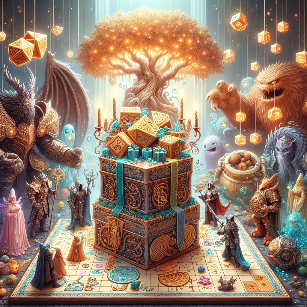 Imagine a whimsical and dreamlike celebration scene with a blend of classic fantasy and game-inspired elements. There is a large, regal cake in the shape of a mythical beast at the center, detailed with intricate runes made from icing. Around this centerpiece, there are fantastic beings resembling treasure-chest monsters holding gifts and armored warriors conversing with cloaked mages. An otherworldly tree with golden leaves towers in the background, casting shimmering light over a game board populated with symbols like dice that emit a magical glow, illuminating the surreal gathering.
Generated with these themes: Elden ring , and Dungeons and dragons .
Made with ❤️ by AI.