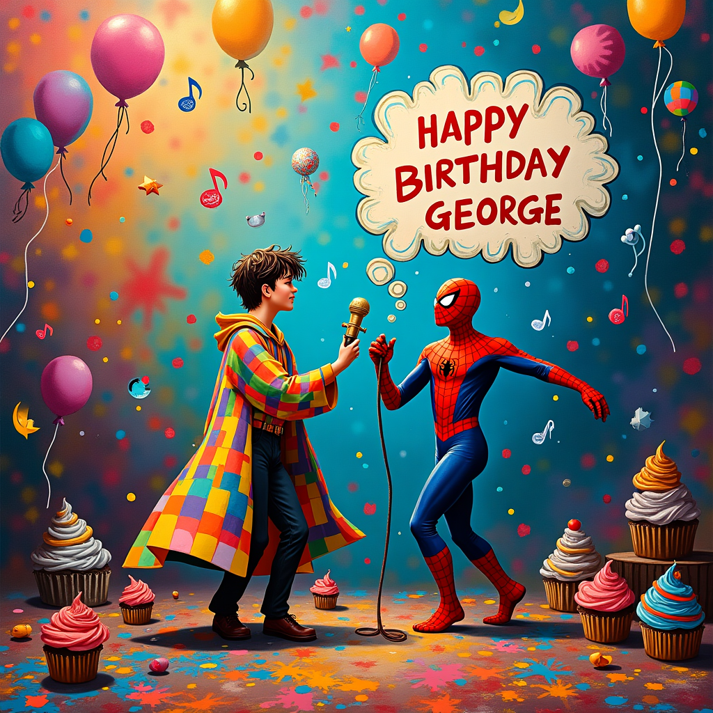 In the vibrant kaleidoscope of a birthday-themed wonderland, Harry Potter and Spider-Man find themselves amidst a jubilant clash of abstract color and form. Picture Harry Potter, robe flowing with a pattern reminiscent of Mondrian’s grid-like composition, holding a vintage golden microphone. His lightning-shaped scar sparkles like a vivid splash from Pollock's paintbrush. Standing beside him, Spider-Man sways in rhythm, his red and blue suit transformed into a mosaic of Rothko-esque blocks of color, while his webbing forms a delicate network similar to Agnes Martin's gentle lines.

The stage is an abstract delight—a swirling vortex of Kandinsky's curving forms and de Kooning's expressive brushstrokes. It hovers above a backdrop where Malevich’s Suprematist shapes float among the whimsical doodles of Miró, each element dancing in joyous chaos. A disco ball, fashioned like a Quidditch snitch, sends shards of rainbow light scattering across the scene, as if channeling Twombly's energetic scribbles. In the sky above, Richter's color-blended clouds drift by, framing a speech bubble emanating from Harry. The bubble is a whimsical constellation of color, with letters that loop and twirl in an expressive script, boldly proclaiming, "HAPPY BIRTHDAY GEORGE."

Around them, enchanted musical notes—reminiscent of Miró's playful symbols—float through the air, while Spider-Man’s webs occasionally snag errant balloons painted in bold primary colors, a nod to Mondrian's signature palette. The floor beneath is a chaotic splatter of neon hues, echoing Pollock’s dynamic energy, as cupcakes with Rothko-like frosting stripes rest here and there, adding to the scene's playful complexity. This whimsical tableau invites viewers to celebrate the surreal fusion of magic, heroism, and birthday cheer.
Generated with these themes: Harry potter doing karaoke with spider-man having a great time, and Speech bubble form harry potter saying 'HAPPY BIRTHDAY GEORGE'.
Made with ❤️ by AI.