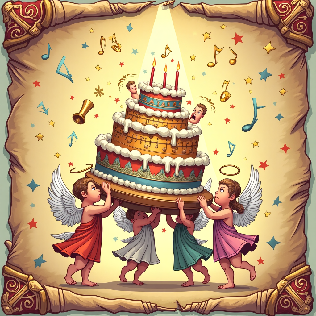 **Image Prompt:**

At the top of the vector image, “Thy Birthday Hath Arrived, Glorious Diana!”

A humorous vector illustration styled like an ancient parchment scroll, with curled edges and weathered textures to give an old-world manuscript feel. Along the scroll's borders, incorporate detailed Ukrainian embroidery patterns in bright reds, blues, and golds — stylized with a modern vector twist.

In the central scene, several cartoon cherubic angels (plump, cheeky-faced, with fluffy wings and flowing toga-like sashes) are comically struggling to carry an oversized, multi-tiered birthday cake. The cake is absurdly large, tilting dangerously as one angel hangs off the side with a worried expression, and another blows a trumpet triumphantly. The cake is decorated with golden halos instead of candles.

Include floating musical notes, sparkles, and scroll-like text ribbons swirling in the air for movement and humor. Subtle references to birthday revelry (confetti, a goblet of juice/wine, birthday hat on an angel, etc.) add to the fun. A royal sunbeam filters down dramatically onto the cake, giving it holy birthday reverence.
Generated with these themes: Looks like an ancient scroll with a big text, Angels deliver birthday cake, and Ukrainian enbroidery on the borders.
Made with ❤️ by AI.