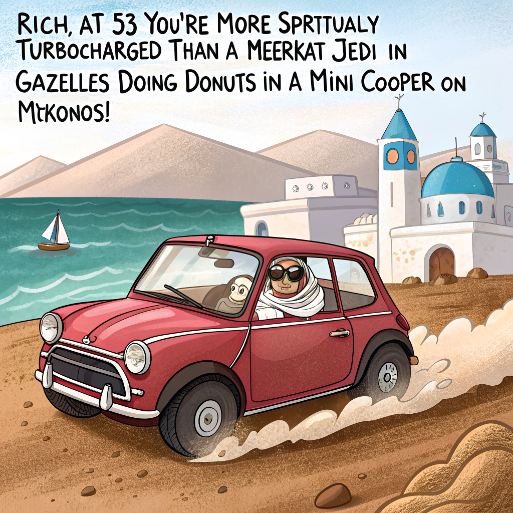 At the top of the image, "Rich, at 53 you're more spiritually turbocharged than a meerkat Jedi in Gazelles doing donuts in a Mini Cooper on Mykonos!"

– Cartoon scene features:

- A sandy Greek island coastline in the background, with iconic white and blue buildings dotting the hills.
- Front and center: A classic red Austin Mini Cooper spinning donuts, kicking up sand.
- Driving the Mini is a wise-looking Stormtrooper in a robe and beaded mala necklace, wearing pink Gazelle trainers and oversized sunglasses.
- Hanging out the sunroof is a hyperactive meerkat striking a dramatic Force pose, eyes closed, channeling deep cosmic energy.
- A car air freshener shaped like a hummus pot swings from the rearview mirror.
- Floating behind the car, a beach umbrella with the number “53” on it spins like a lightsaber.
- In the sky above, seagulls form the shape of a peace symbol, while one holds a tiny birthday cake in its claws.
Generated with these themes: Cars, Stormtroopers, Meerkats, 53, Spiritual, Greece, Gazelle trainers, and Austin cooper mini.
Made with ❤️ by AI.