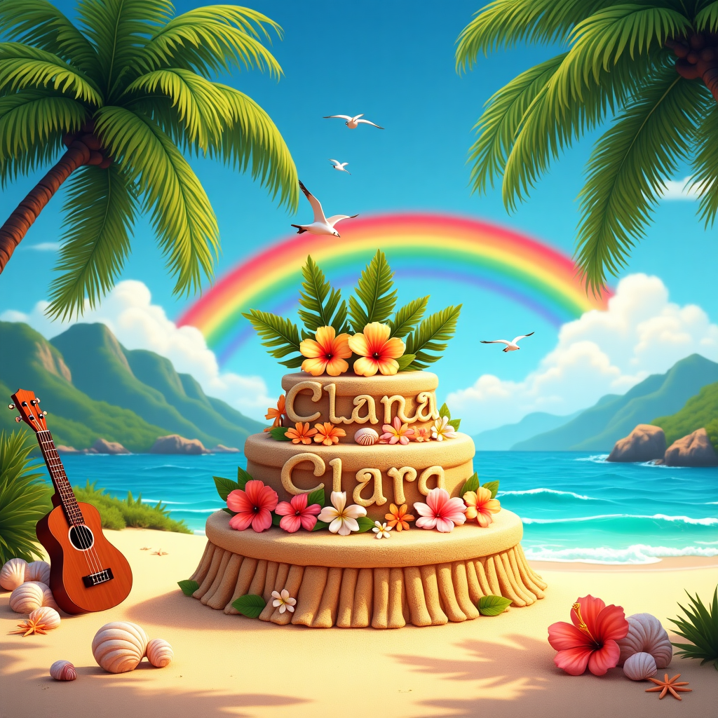 Front Cover Design Description:

Visual Scene: The scene is set on a pristine Hawaiian beach, bathed in warm, golden sunlight. The azure ocean gently kisses the shore with frothy waves. Lush palm trees with vibrant green fronds are scattered along the beach, casting elongated shadows on the soft, sandy ground.

Foreground: In the center, a large, sand-sculpted birthday cake rises majestically. The cake is intricately designed, with tiers resembling traditional Hawaiian hula skirts, complete with floral patterns etched into the sand. On the top tier, there is a cluster of realistic plumeria flowers in hues of pink, yellow, and white.

Text Placement: Just above the cake, a string of colorful hibiscus flowers creates a banner that arches across the sky. The flowers are vivid, with bright reds, oranges, and yellows, and in the center of the banner, the name "Clara" is spelled out using larger-than-life tropical leaves, each leaf detailed with visible veins and rich textures.

Background Elements: In the background, a brilliant rainbow stretches across the sky, adding a spectrum of colors to the scene. A few fluffy, white clouds float lazily, and a couple of seagulls soar above. On the left side of the card, a traditional Hawaiian tiki torch stands, its flame flickering realistically in the gentle breeze.

Additional Details: Near the bottom right corner of the card, a small group of seashells and starfish are scattered on the sand, painted in soft pastel colors, adding to the realistic beach vibe. To the left, an intricately detailed ukulele rests against one of the palm trees, its polished wood gleaming under the sun.

This combination of lifelike elements and tropical themes will create a vibrant and engaging birthday card cover that perfectly blends the essence of Hawaii with birthday celebrations.
Generated with these themes: Hawaii.
Made with ❤️ by AI.