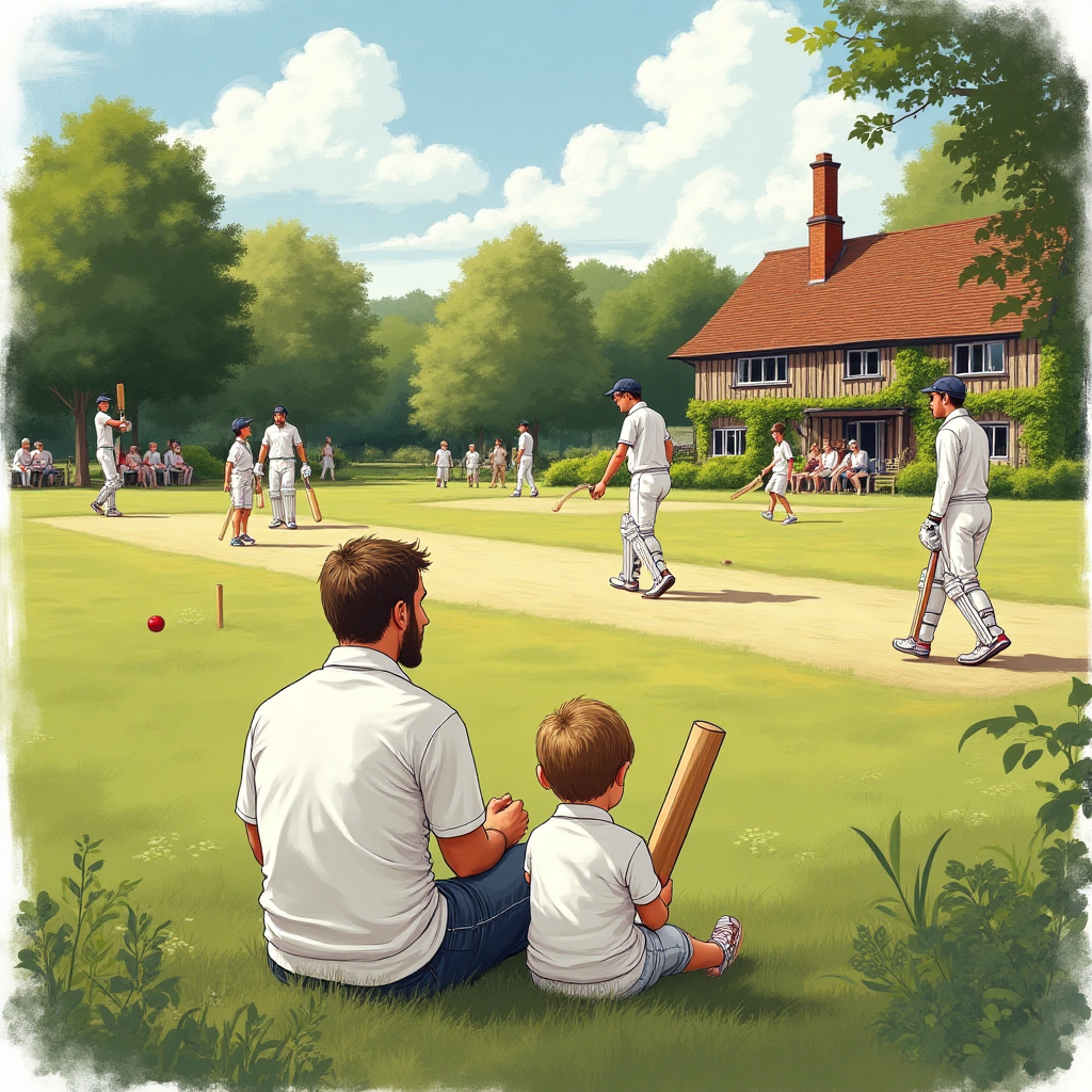 At the top of the Illustration Style image, include the text: **Happy Father's Day**

---

The scene is set in a quaint, vintage village cricket match in Surrey. Imagine a sun-dappled cricket pitch surrounded by lush green meadows, where players in classic white cricket attire engage in a friendly game. The image captures a moment of tranquility and community spirit, with villagers gathered on the sidelines, sitting on picnic blankets or cheering from the wooden benches. The cricket pavilion, an old timber structure with ivy creeping up its sides, stands in the background, adding to the nostalgic charm.

A warm, expressive color palette of earthy greens, soft blues, and sunlit yellows dominates the scene. The fine linework and textured brush strokes add depth and character, emphasizing the details of the players' movements and the gentle sway of trees in the breeze.

In the foreground, a father and child sit together, the child holding a cricket bat, looking up at their father with admiration. Their bond is evident, echoing the sentiment of the occasion. To enhance the image, include the cheeky text: "For the greatest innings of all – Fatherhood!"
Generated with these themes: Vintage village cricket match in surrey, and .
Made with ❤️ by AI.