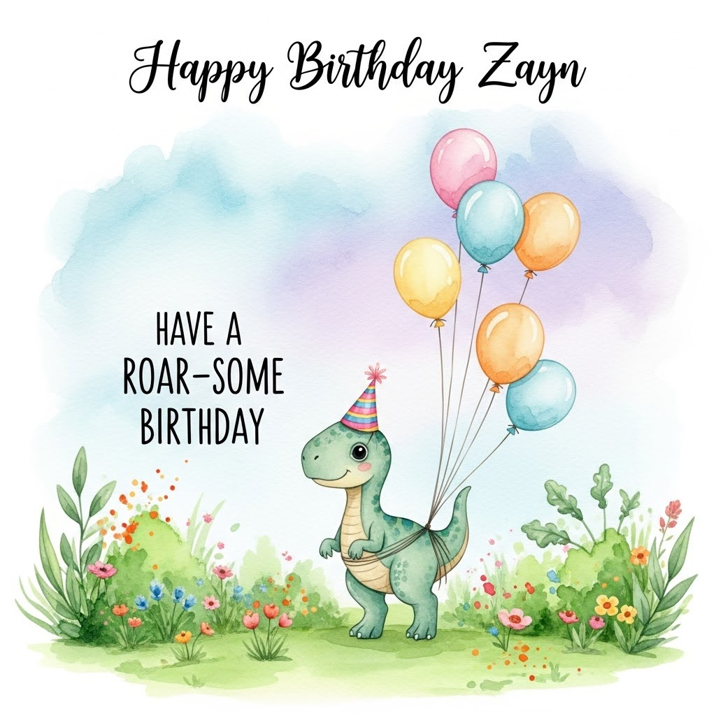 At the top of the Watercolor Style image, gracefully inscribe, "Happy Birthday Zayn."

Imagine a whimsical scene in soft watercolors where a charming baby dinosaur is sporting a party hat. This adorable dino is happily frolicking in a lush, prehistoric landscape filled with vibrant greens and splashes of colorful wildflowers. Around the dino, several balloons in pastel shades float gently in the breeze, tied to its tiny tail. 

In the background, a watercolor sky blends soothing blues and purples, giving a dreamy feel. Nestled among the scenery, a playful message reads, "Have a Roar-some Birthday!" 

This delightful image captures the joy of a dino-themed birthday in a cute, lighthearted manner, perfect for a birthday greetings card.
Generated with these themes: Dinosaur , dino boy birthday, and .
Made with ❤️ by AI.