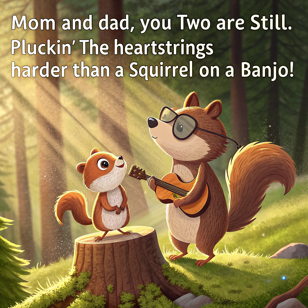 At the top of the image, "Mom and Dad, you two are still pluckin' the heartstrings harder than a squirrel on a banjo!"

- The image shows a photorealistic scene in a sun-dappled forest clearing, where two adorable squirrels are standing upright with comically serious expressions.  
- One squirrel is holding a miniature guitar and strumming passionately, while the other wears sunglasses and nods to the rhythm.  
- They are seated atop a moss-covered tree stump, with soft sunbeams filtering through the trees and little woodland creatures like rabbits, chipmunks, and birds gathered around in awe like a forest concert.  
- Behind them is a handmade sign propped up with twigs that reads, “Acornstock: Love Never Fret-tires.”
Generated with these themes: Guitar, and Nature.
Made with ❤️ by AI.