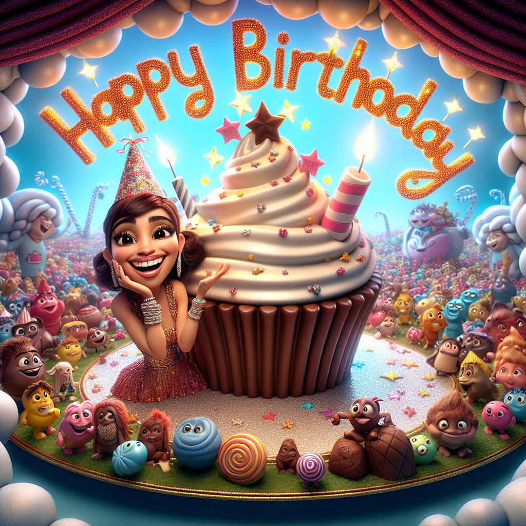 Imagine an enthusiastic cartoon representation of a successful female singer known for her cheerful music, dressed in festive attire complete with a party hat. She is surrounded by a whimsical setting filled with delightful creatures clustered around a giant chocolate cupcake, which is crowned with one glimmering candle. Above, in a sky crafted from cotton candy-like clouds, the phrase 'Happy Birthday' lights up, spelled out with radiant stars. The entire fantastical scene is framed with a rim of bundled chocolate candies, each sporting a petite cartoonish grin.
Generated with these themes: Kylie minogue, and Chocolate.
Made with ❤️ by AI.