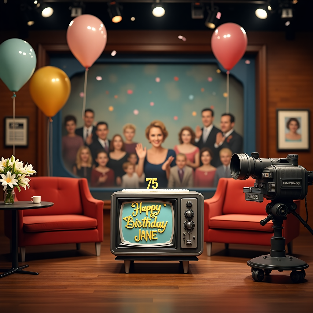 The scene is set in a vintage TV studio that has been transformed into a whimsical birthday celebration for Jane's 75th birthday. The studio floor is a polished, dark wood, reflecting the gleaming lights from the overhead rigs. To the right, there's a classic black and white TV camera on wheels, with a small sign hanging from it that says "Channel 75" in elegant, golden script. This nods both to Jane's age and the golden era of television. In the center of the studio, a lavish birthday cake shaped like a classic television set takes the stage. The frosting is a realistic shade of grey and black, with knobs and an antenna made of fondant. On the cake screen, written in vibrant, colorful icing, are the words "Happy 75th Birthday Jane," with the numbers styled as if they were the old channel dials. Above, hanging from the studio rafters, are large balloons shaped like microphones and clapperboards, all in pastel hues. The background is a painted mural of a lively TV set audience, with people clapping and confetti in the air, creating the illusion of a celebratory broadcast. On the left, a plush red velvet couch sits invitingly, reminiscent of an iconic talk show setup, complete with a low table holding a vase of blooming lilies and a framed photograph of Jane smiling brightly. A spotlight casts a warm glow over the entire scene, highlighting every detail of this festive, creative TV studio birthday celebration for Jane.
Generated with these themes: TV Studio.
Made with ❤️ by AI.