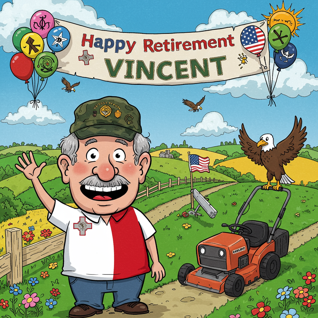 The front cover of this greeting card is a vibrant, cartoonish scene packed with whimsical and exaggerated elements, drawing inspiration from the styles of Bill Watterson and Hergé. The scene is set in a bustling, colorful landscape that playfully merges different locations and themes.

In the foreground, Vincent, an exaggerated cartoon figure with a large, friendly smile and distinctively oversized features, is waving enthusiastically. He's wearing a shirt emblazoned with the Maltese flag, its red and white colors popping vividly against the blue sky. The Maltese Cross is clear and prominent on his shirt. On his head is a classic Vietnam veteran cap, intricately detailed with a small emblem.

To his right, a cartoon-style lawnmower — personified with wide, animated eyes and a cheeky smile — sits proudly on a freshly mowed, lush green lawn. This lawn is part of a thriving landscape business setup, complete with colorful flowers and small, well-drawn garden gnomes. The gnomes have exaggerated expressions, some with winking eyes, adding to the card’s playful nature.

Behind Vincent, the landscape cleverly shifts to show the rolling hills and bright fields of the USA. Tiny, cartoonish eagles soar in the sky, and a stylized bald eagle, with exaggerated features, perches on a fence post, saluting Vincent with a wing.

In the background, a banner arcs across the sky, held up by cartoon balloons in various shapes and colors, including some shaped like the continents of Malta and the USA. The banner reads, “Happy Retirement Vincent” in bold, vibrant lettering, reminiscent of Charles Schulz's playful typeface. 

The sky is a brilliant cerulean blue with puffy white clouds that humorously mimic the shapes of Malta and a Vietnam veteran badge. There’s a hint of the sun peeking from the corner, wearing sunglasses and a mischievous grin.

To add to the whimsical nature, a small, cartoon-style red truck, signifying Vincent's success in his landscape business, zips along a winding road in the background, with comically oversized wheels and a cheery “Vincent's Greens” logo painted on the side.

Overall, this cover blends humorous, exaggerated cartoon elements with symbolic icons that speak to Vincent’s life journey, celebrating his retirement with a unique and colorful flair.
Generated with these themes: Born in Malta, Maltese flag, Vietnam veteran, Landscape business owner, living in USA.
Made with ❤️ by AI.
