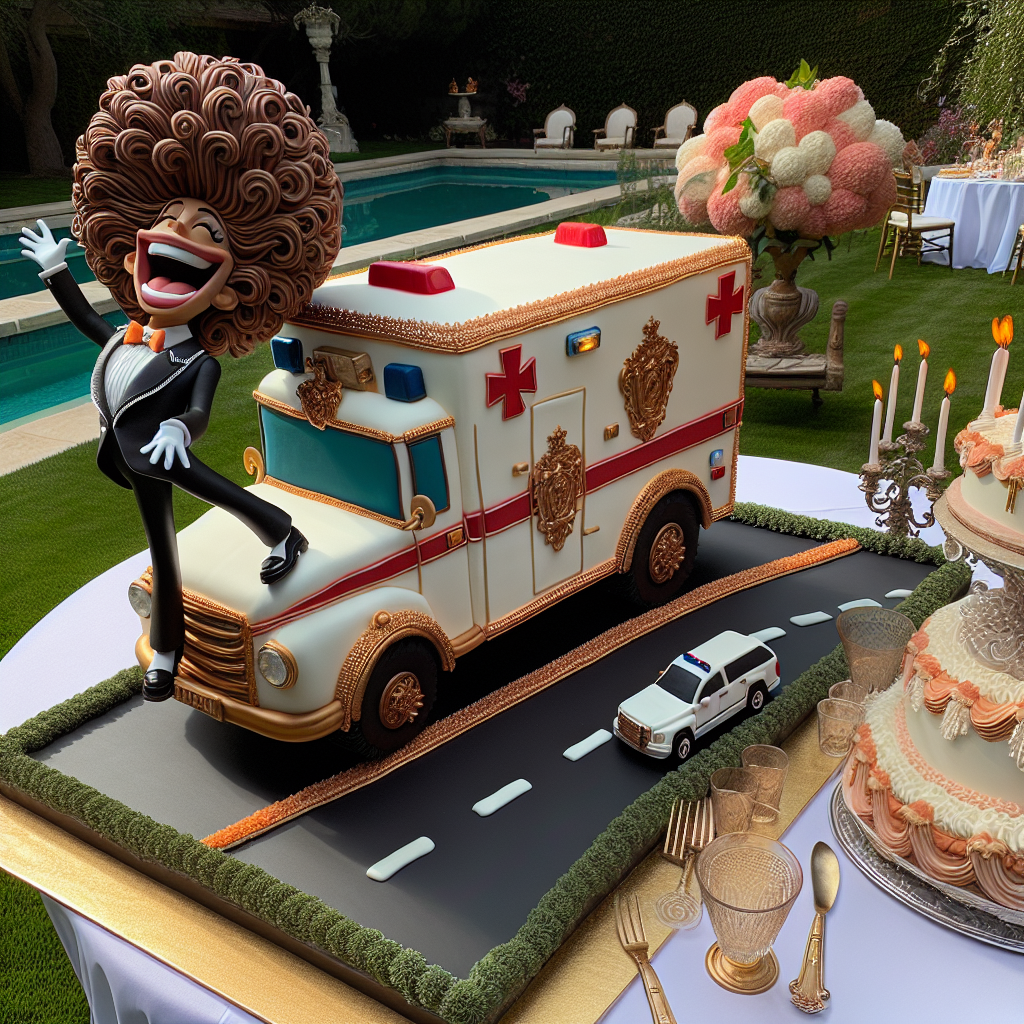 The image showcases an outdoor birthday celebration. The focus of the scene is a humongous cake shaped like an ambulance that is delightfully decorated with classic, luxurious design elements inspired from early 20th-century fashion trends, providing an elegant and distinct look. Not far from it, a playful character with a head full of flamboyant and voluminous hair is laughing joyously. This animated figure is holding up a miniature model of an ambulance, seeming as if it's intending to 'drive' it along the icing pathways on the cake.
Generated with these themes: Ambulance, Ralph Lauren, and Hair.
Made with ❤️ by AI.