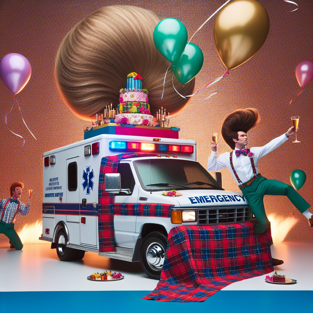 An entertaining visual portrays an energetic birthday celebration where an emergency vehicle is humorously included in the decoration. The vehicle functions as an unconventional buffet table, with a plaid-patterned, preppy-style tablecloth artistically draped over it. Among the revelry, a character with large, billowing hair styled like those in a stylish 1990s ad confidently poses next to the medical vehicle, raising a toast to the person celebrating their birthday.
Generated with these themes: Ambulance, Ralph Lauren, and Hair.
Made with ❤️ by AI.