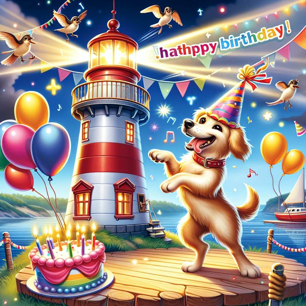 A playful birthday-themed illustration presents a quaint lighthouse perched robustly on a tranquil shoreline. Its luminescence bathes the surrounding area, illuminating an enchanting canine character donning a festive party hat. This charismatic dog jubilantly waltzes to the rhythm of pop tunes that waft through the space. Enhancing the joyous ambiance is a troop of jovial birds, contributing to the energy with their cheerful song and lively flight amidst multicolored birthday balloons and streamers.
Generated with these themes: Lighthouse , Snoopy, Taylor swift, and Birds.
Made with ❤️ by AI.