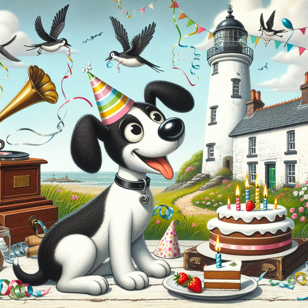 Picture a quaint birthday party set against the idyllic backdrop of a charming lighthouse, its light softly illuminating the scene. In the forefront, a joyous black and white cartoon dog with distinct large ears and a slim build sits happily with a slice of cake and a festive birthday hat by its side. A vintage gramophone plays delightful tunes, adding to the atmosphere. In the sky, playful birds swirl, carrying ribbons in their beaks as if joining in on the celebrations while intertwining the sky with festive decorations to cultivate an atmosphere of merriment and birthday cheer.
Generated with these themes: Lighthouse , Snoopy, Taylor swift, and Birds.
Made with ❤️ by AI.