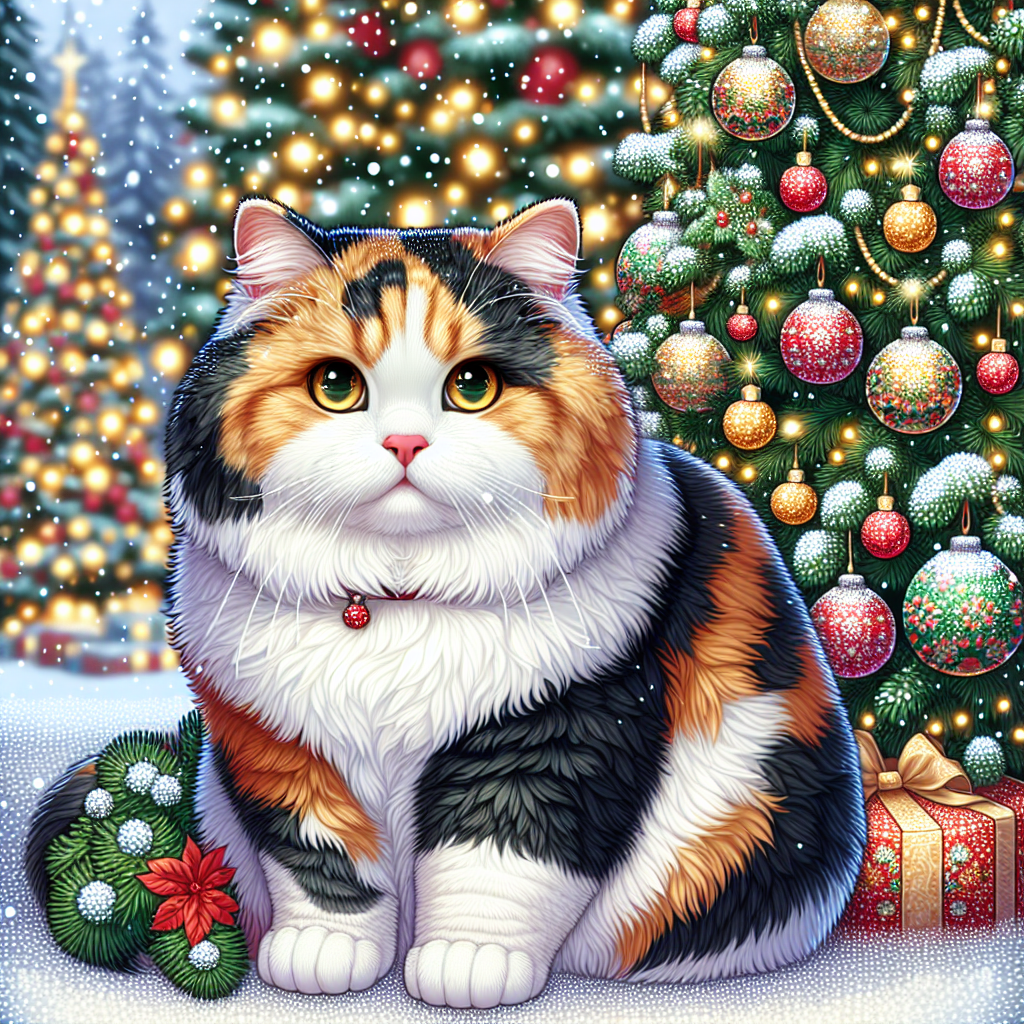 A charming vector illustration depicting a picturesque Christmas scene with a chubby calico cat taking center stage. The feline's dense multicolored coat blends beautifully with the festive setting, while its striking yellow eyes gleam with holiday spirit. The kitty sits beside a glistening Christmas tree adorned with twinkling lights and ornaments, and a gentle snowfall adds to the winter wonderland ambiance.
.
Made with ❤️ by AI.