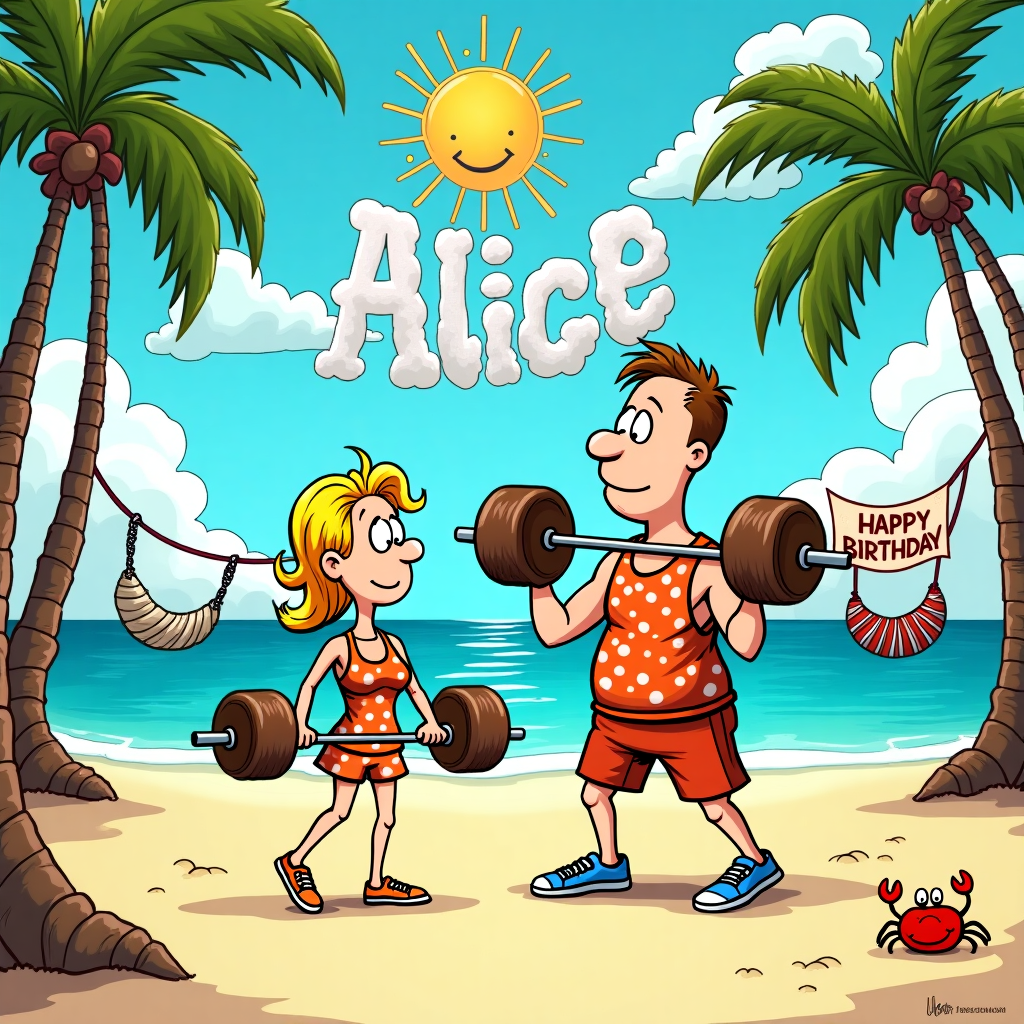 In the vibrant and whimsical style of Charles Schulz meets Bill Watterson, imagine a sun-drenched tropical island brimming with comical charm. The foreground is dominated by a sandy beach where a slim, athletic husband with a mischievous grin is engaged in an animated CrossFit session. His wiry frame is hilariously draped in a cartoonish, overly-large tank top and shorts, his face beaming with exaggerated determination as he attempts to lift a barbell made from coconuts, the weights unevenly balanced and comically oversized. Nearby, his slim, blonde-haired wife stands triumphantly, clad in a colorful, polka-dotted workout ensemble that matches the husband's, holding a dumbbell in each hand like they are props in a playful circus act. Her expression is one of playful triumph, hair bouncing as if caught in a perpetual gentle breeze.

Behind them, a classic, picturesque sunny island scene unfolds. Palm trees bend whimsically, as if they too are part of the workout, leaves curling playfully in the light wind. A hammock swings lazily between two of the trees, hinting at relaxation despite the bustling workout activity in front. The azure ocean sparkles in the background, reflecting the clear blue sky which is whimsically dotted with fluffy clouds. Above it all, the clouds have arranged themselves into the shape of the words "Happy Birthday Alice," with "Alice" in a bold, playful font, as if the universe itself is cheering on her special day. The sun, with a big smiling face, peeks from the corner of the card, its rays casting a warm glow over the entire scene. In the bottom corner, a tiny, curious crab holds up a mini banner that reads, "Keep lifting, you're getting stronger every year!" This charmingly chaotic scene invites laughter and celebration in a setting as dynamic as Alice's special day deserves.
Generated with these themes: CrossFit, Slim Husband, Sunny Island, Slim Wife blonde hair, and Weightlifting.
Made with ❤️ by AI.