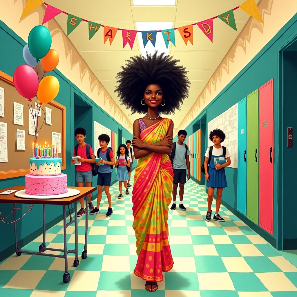 **Front Cover Illustration Description:**

The scene unfolds in the bustling hallway of a vibrant high school, rich with architectural details reminiscent of Norman Rockwell’s classic Americana with a whimsical twist. The corridor is filled with colorful lockers, some slightly ajar revealing books and gym shoes, and a large bulletin board covered in flyers and doodles. Overhead, cheerful bunting weaves through the space, with the name “Sai” artistically emblazoned on a banner stretched across the ceiling, its letters playfully tilted and decorated with balloons.

In the foreground stands the focal point: a black Indian woman with strikingly exaggerated features that are charmingly rendered in the style of Quentin Blake. Her hair is a wild cascade of curls, whimsically defying gravity, and she’s adorned in a colorful, pattern-rich saree that defies the mundane school surroundings. The saree is a riot of bold reds, electric blues, and sunlit yellows, dotted with playful motifs reminiscent of Maurice Sendak’s illustrative detail.

Behind her, students mill about with their books and backpacks, each character uniquely sketched with an Edward Gorey-esque individuality – lanky limbs, and expressions of mild curiosity as they pass by. One student is tying his shoelace, another has earbuds trailing like vines from her head.

To her left, a whimsical birthday cake sits on a folding table, towering precariously with layers, each a different color – raspberry pink, lemon yellow, mint green, and topped with a sky-blue icing that drips in slow, sugary waves. Tiny candles spell out “Sai” in a cascade of waxy rainbow hues. Balloons in a spectrum of colors float lazily overhead, some tethered to the cake table, others gently bobbing against the ceiling tiles.

The floor is a checkerboard of pale mint green and cream tiles, grounding the scene with a retro feel that evokes the aesthetic sensibilities of Maxfield Parrish. On the right side of the image, a chalkboard has a doodle of a cat wearing a party hat, a nod to Beatrix Potter’s playful animal characters.

In the distance, sunlight streams through large, old-fashioned windows, casting long, intricate shadows on the scene, capturing the ethereal lighting of Gustave Doré. The overall composition is a joyful, chaotic blend of color and detail, a celebration captured in the humorous, exaggerated style that invites the viewer to linger and smile.
Generated with these themes: A black indian ugly woman, and A high school background.
Made with ❤️ by AI.