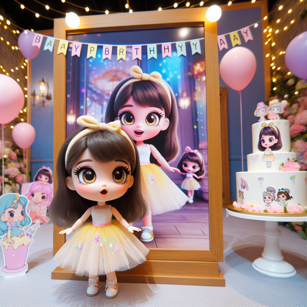 Imagine a lively scene of a cute cartoon themed birthday celebration with a mixed-race doll character as the center of attraction. This doll is gorgeously dressed up in a cheerful birthday dress, mirroring the animated joy in her surroundings. The environment is vibrant because of animated decorations — a cake with the doll's caricature, balloons in soft pastels, and banners with fanciful letters, all lending a magical atmosphere for a memorable birthday.
Generated with these themes: barbie or a mixed race barbie.
Made with ❤️ by AI.