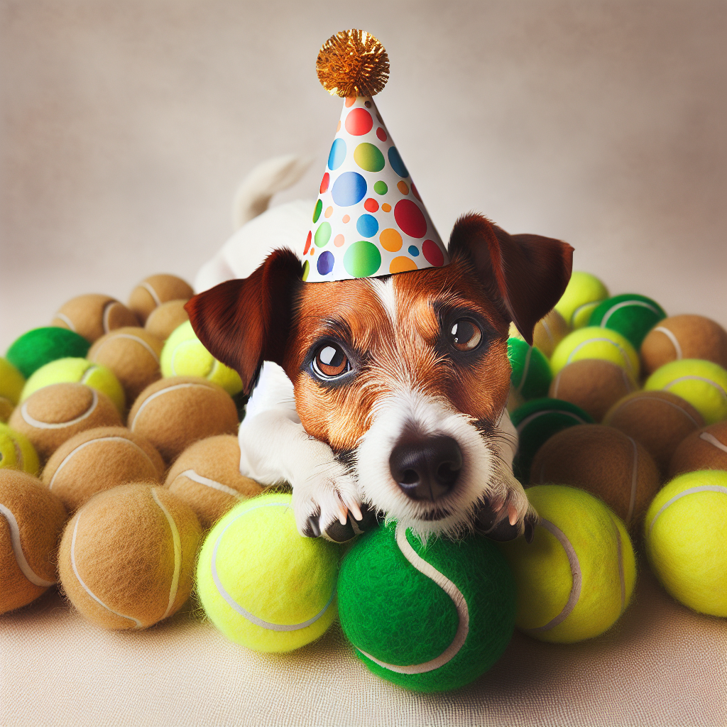 Portray a picture with a beautifully realistic birthday scene. At the center of the image is a Jack Russell terrier adorned with a cheeky party hat. His eyes are alight with humor and mischief, suggesting a day filled with delightful playful activities. Creatively arranged around the small dog is an array of tennis balls, serving the dual purpose of decoration as well as party favors, hinting at the energetic games and joyous barking that lay ahead.
Generated with these themes: Jack Russell terrier, and Tennis.
Made with ❤️ by AI.
