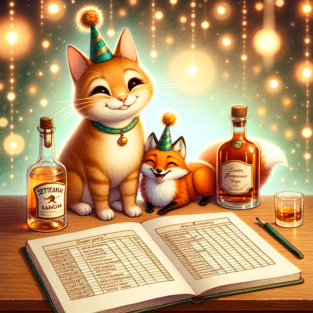 Create an enchanting illustration showcasing a ginger cat, donning a petite party hat, nestled comfortably next to a joyfully grinning fox. A table is positioned in front of them, presenting a bottle of rum alongside an open spreadsheet whimsically documenting their shared milestones. The overall scene is set against a backdrop sparkling with warm, celebratory lights, effectively evoking the celebration of an anniversary.
Generated with these themes: Rum, Fox, Ginger cat, and Spreadsheet.
Made with ❤️ by AI.