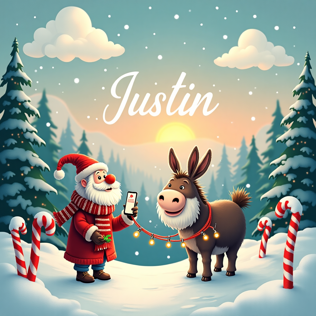A Gonk riding on a donkey, and There is also Justin holding an iphone with ChatGPT on it Christmas Card